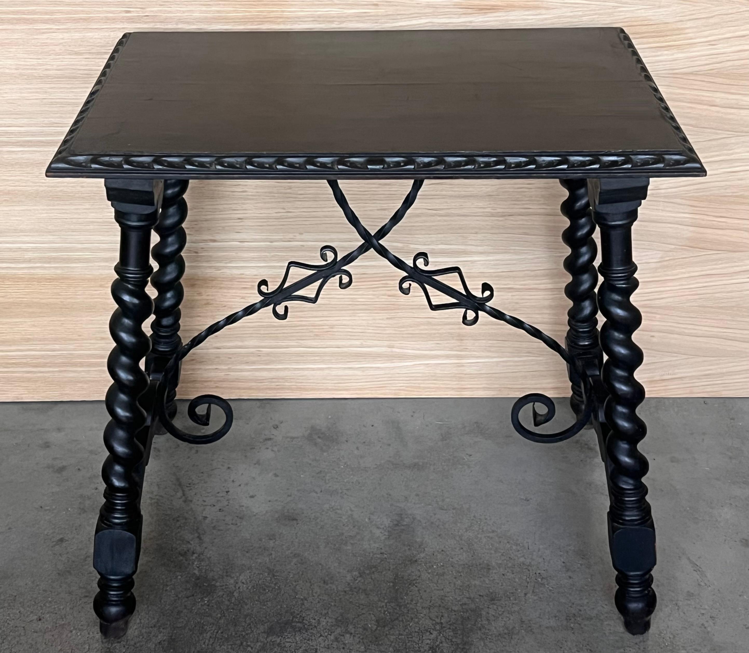 19th Century 19th Spanish Side Table with Cared Turned Legs and Iron Stretcher For Sale