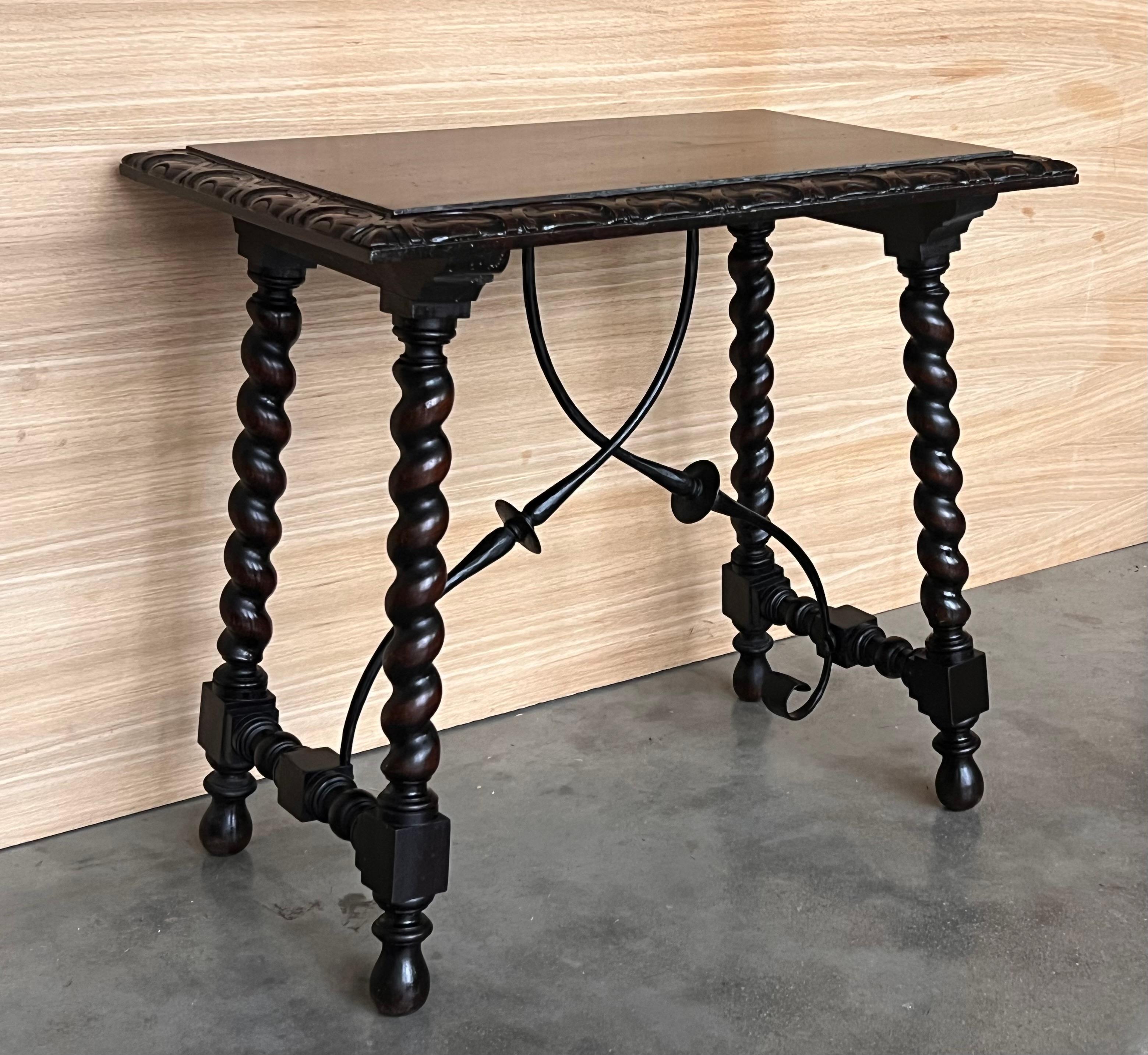 19th Century 19th Spanish Side Table with Cared Turned Legs and Iron Stretcher For Sale