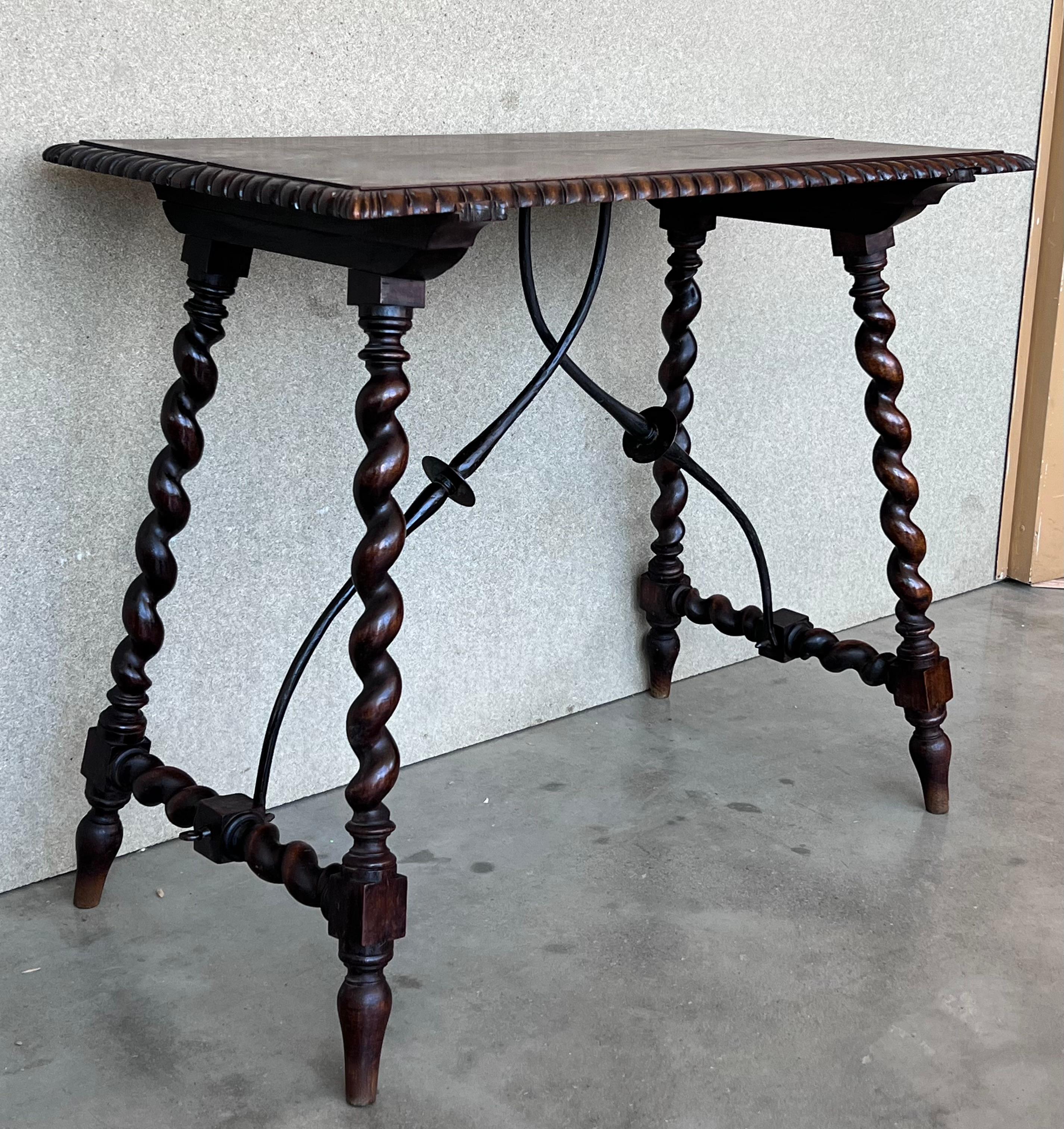 Walnut 19th Spanish Side Table with Cared Turned Legs and Iron Stretcher