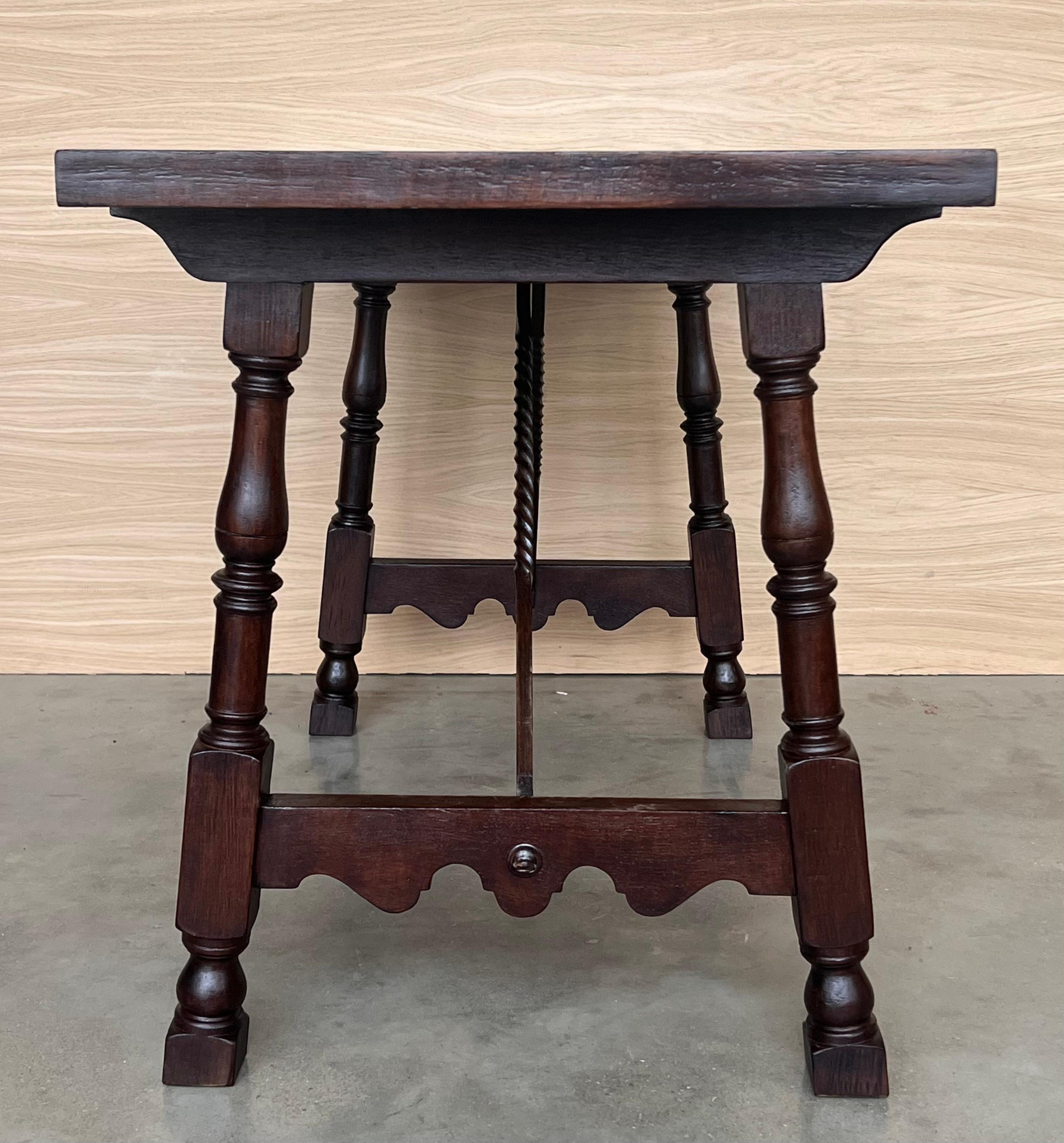 19th Century 19th Spanish Side Table with Cared Turned Legs and Iron Stretcher For Sale