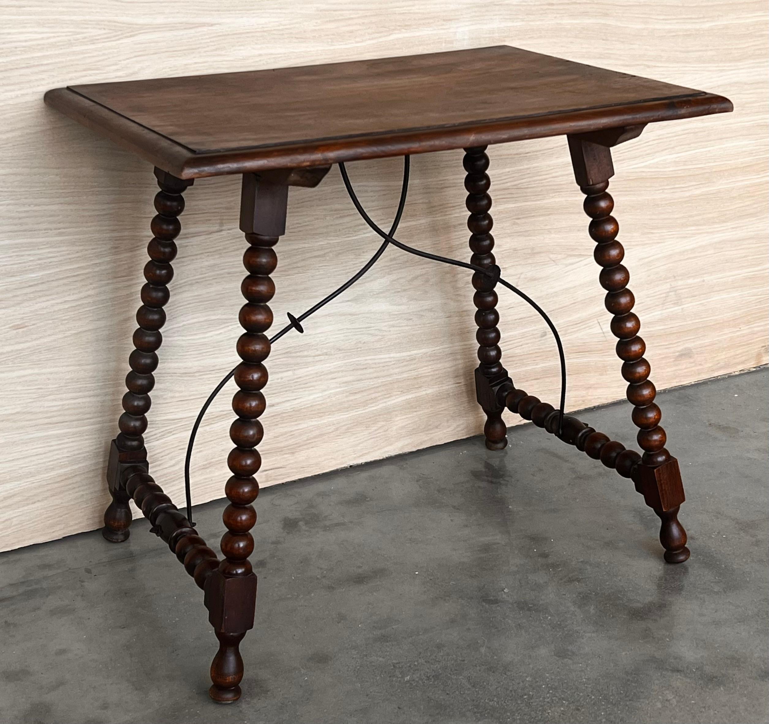 19th Spanish Side Table with Cared Turned Legs and Iron Stretcher For Sale 1