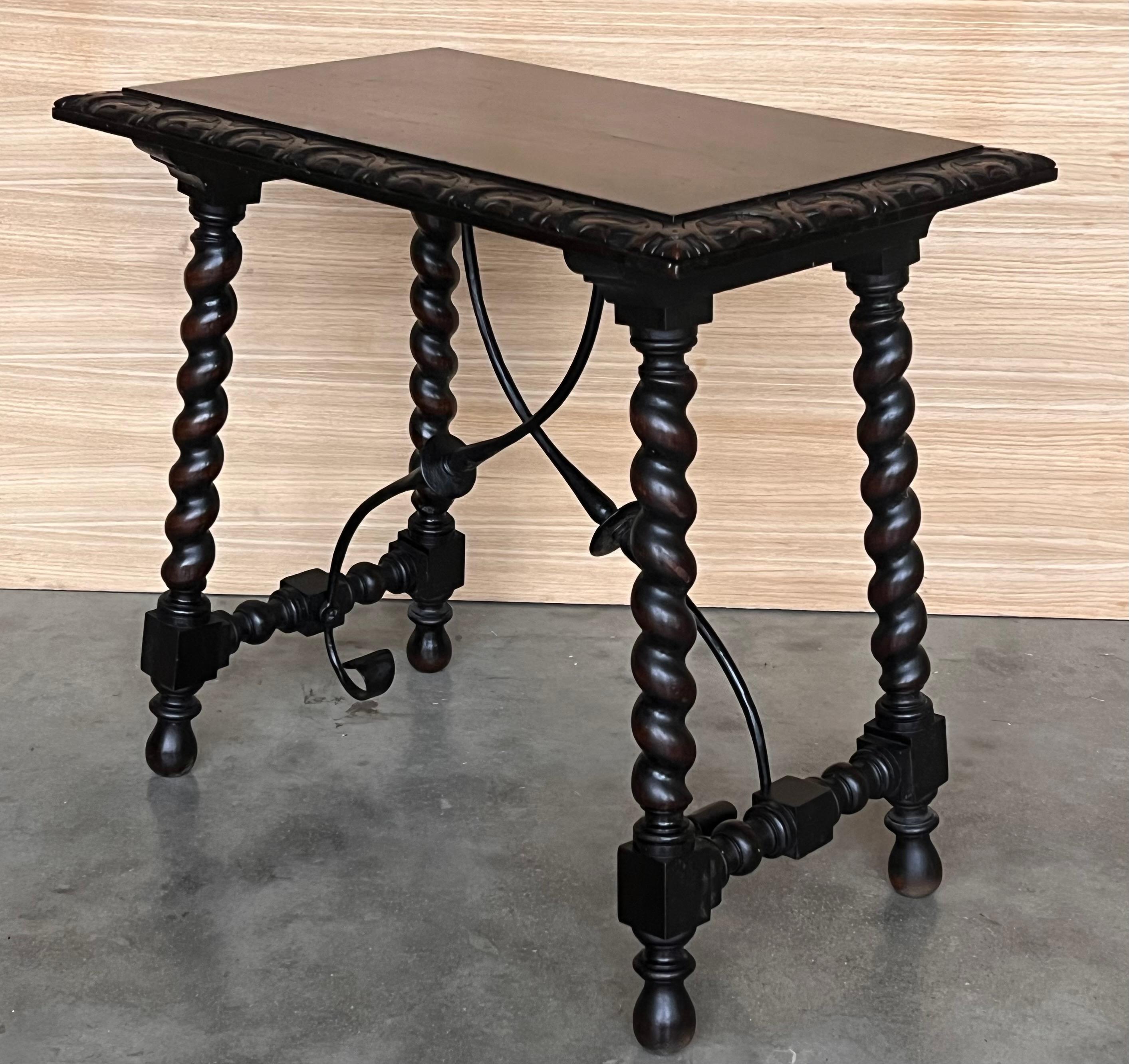 19th Spanish Side Table with Cared Turned Legs and Iron Stretcher For Sale 1
