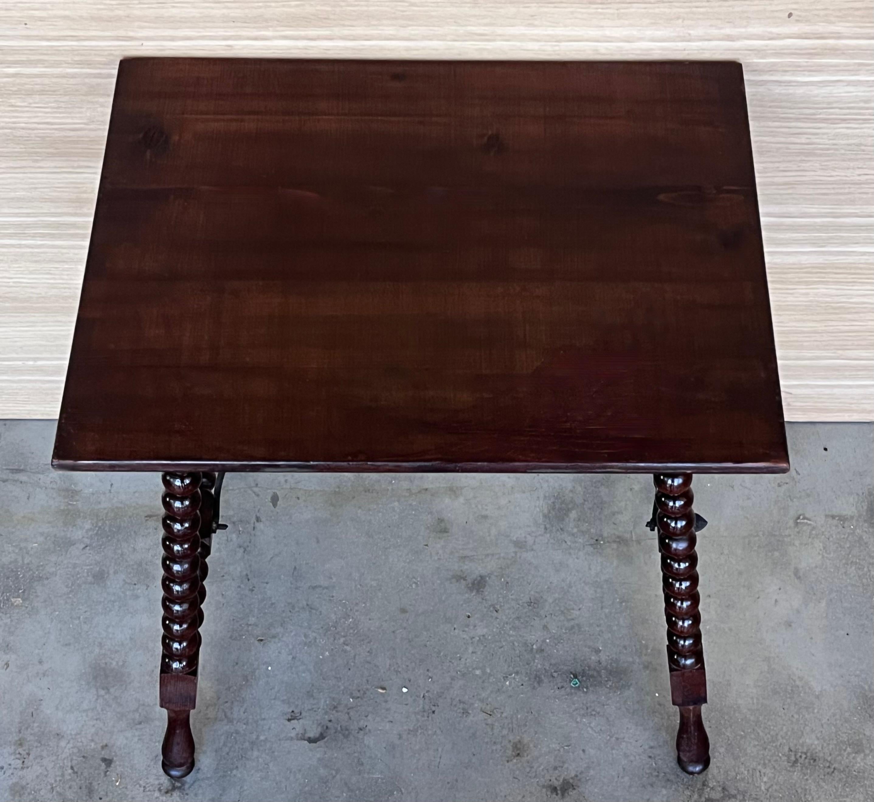 19th Spanish Side Table with Cared Turned Legs and Iron Stretcher For Sale 1