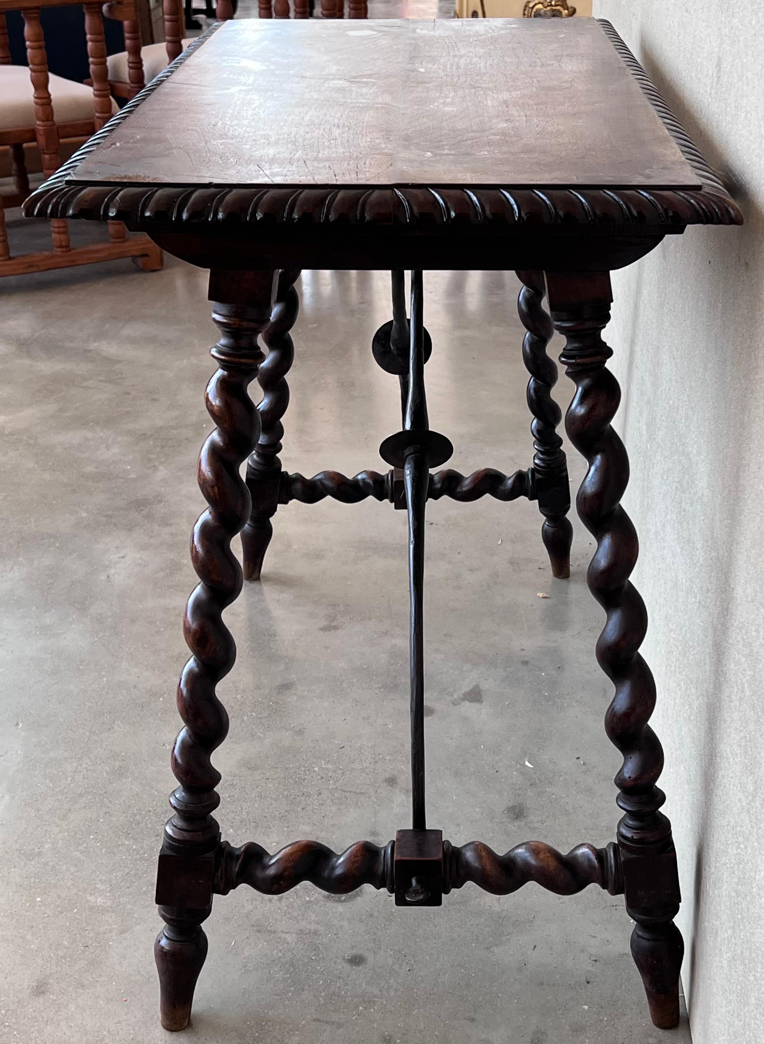 19th Spanish Side Table with Cared Turned Legs and Iron Stretcher 1