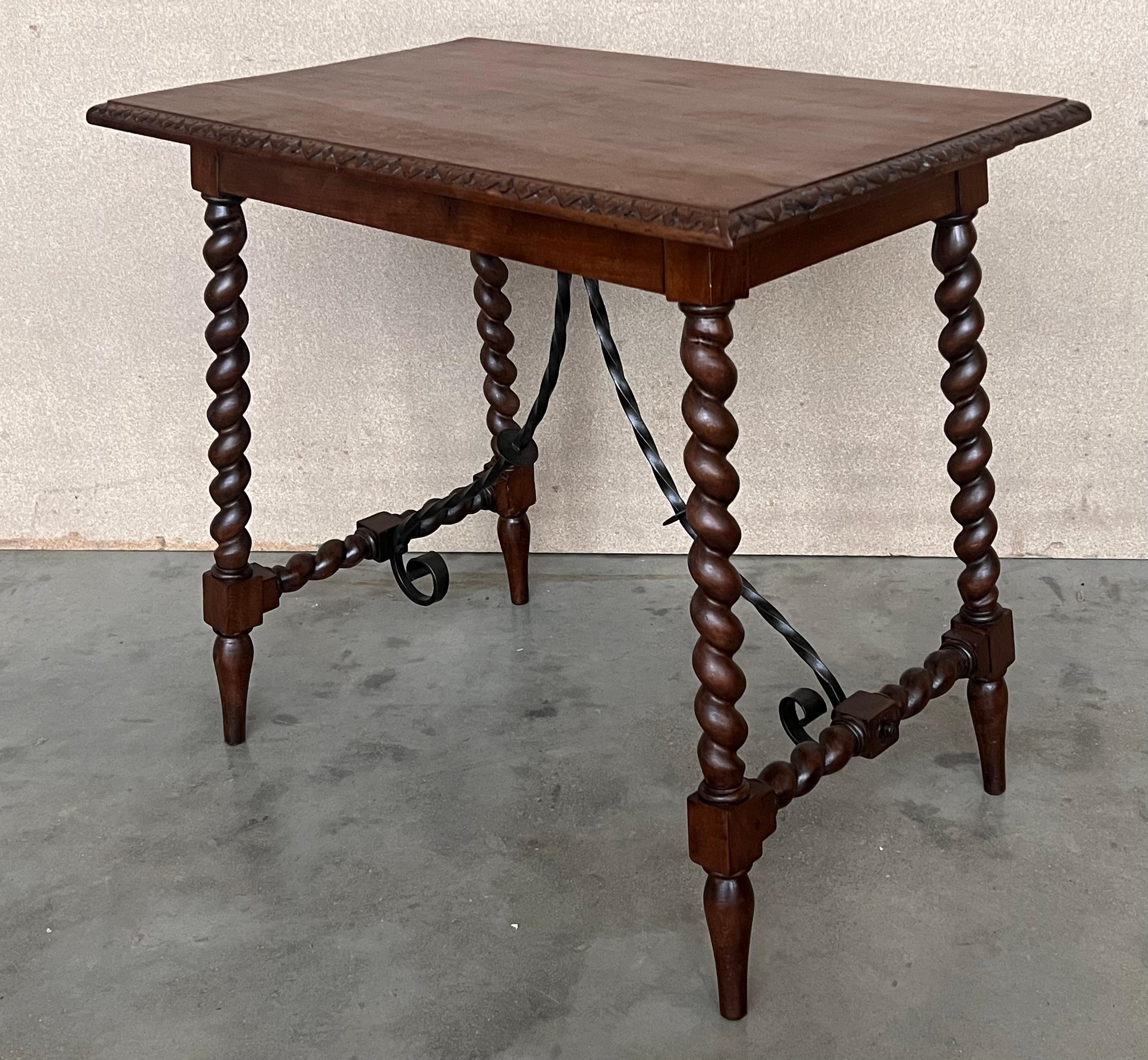 19th Spanish Side Table with Cared Turned Legs and Iron Stretcher For Sale 2