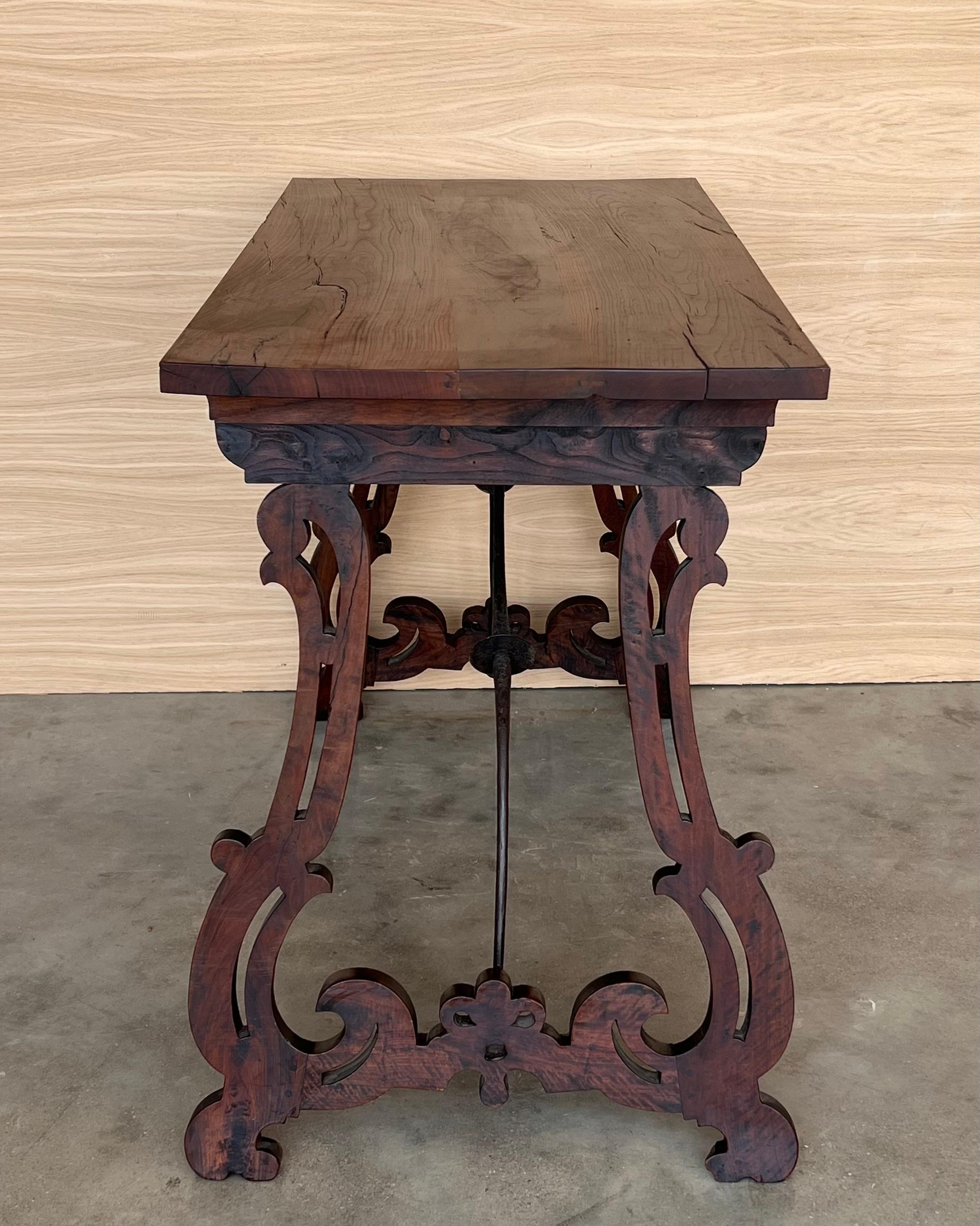 19th Spanish Side Table with Cared Turned Legs and Iron Stretcher 2