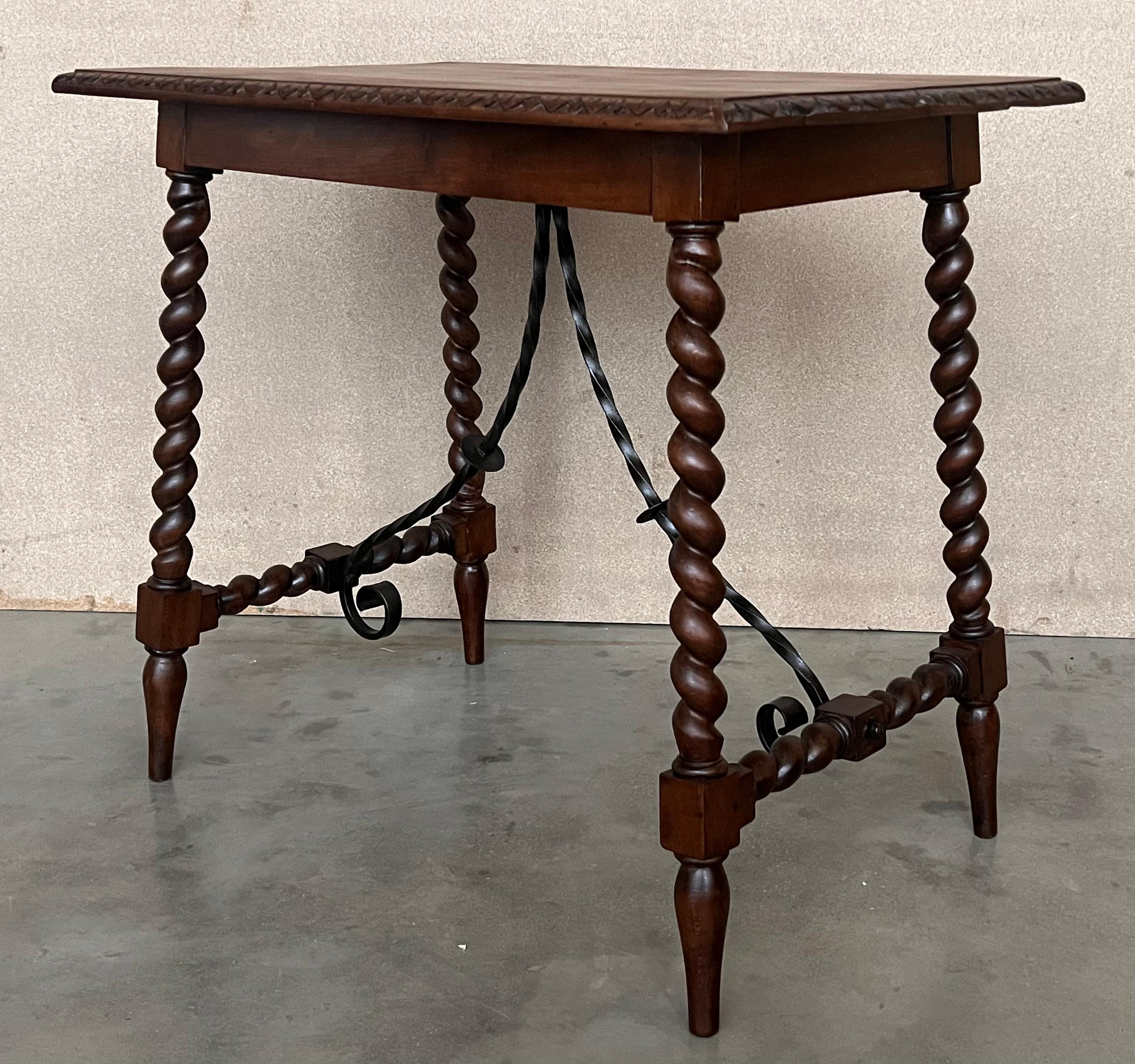 19th Spanish Side Table with Cared Turned Legs and Iron Stretcher For Sale 3