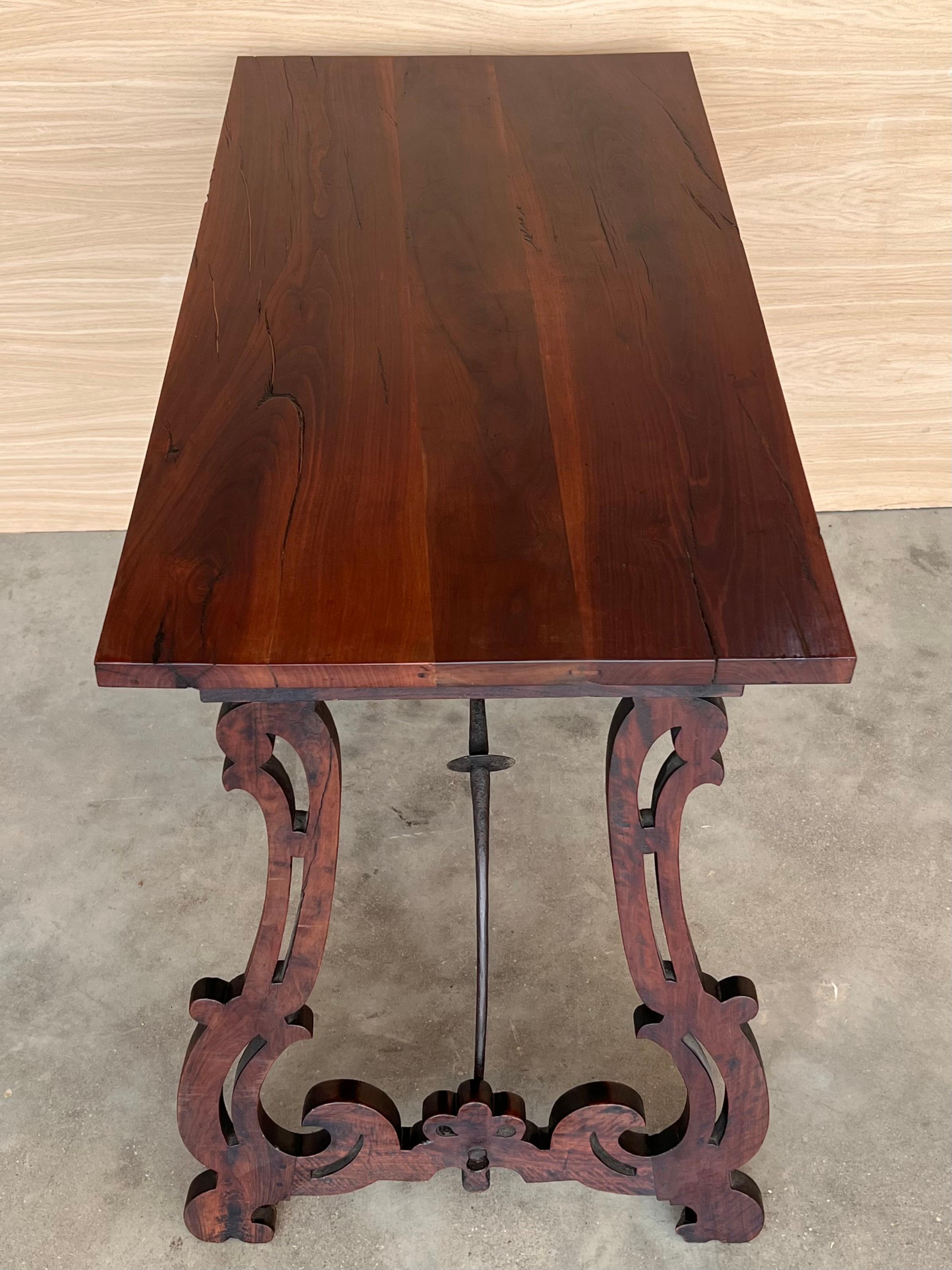19th Spanish Side Table with Cared Turned Legs and Iron Stretcher 3