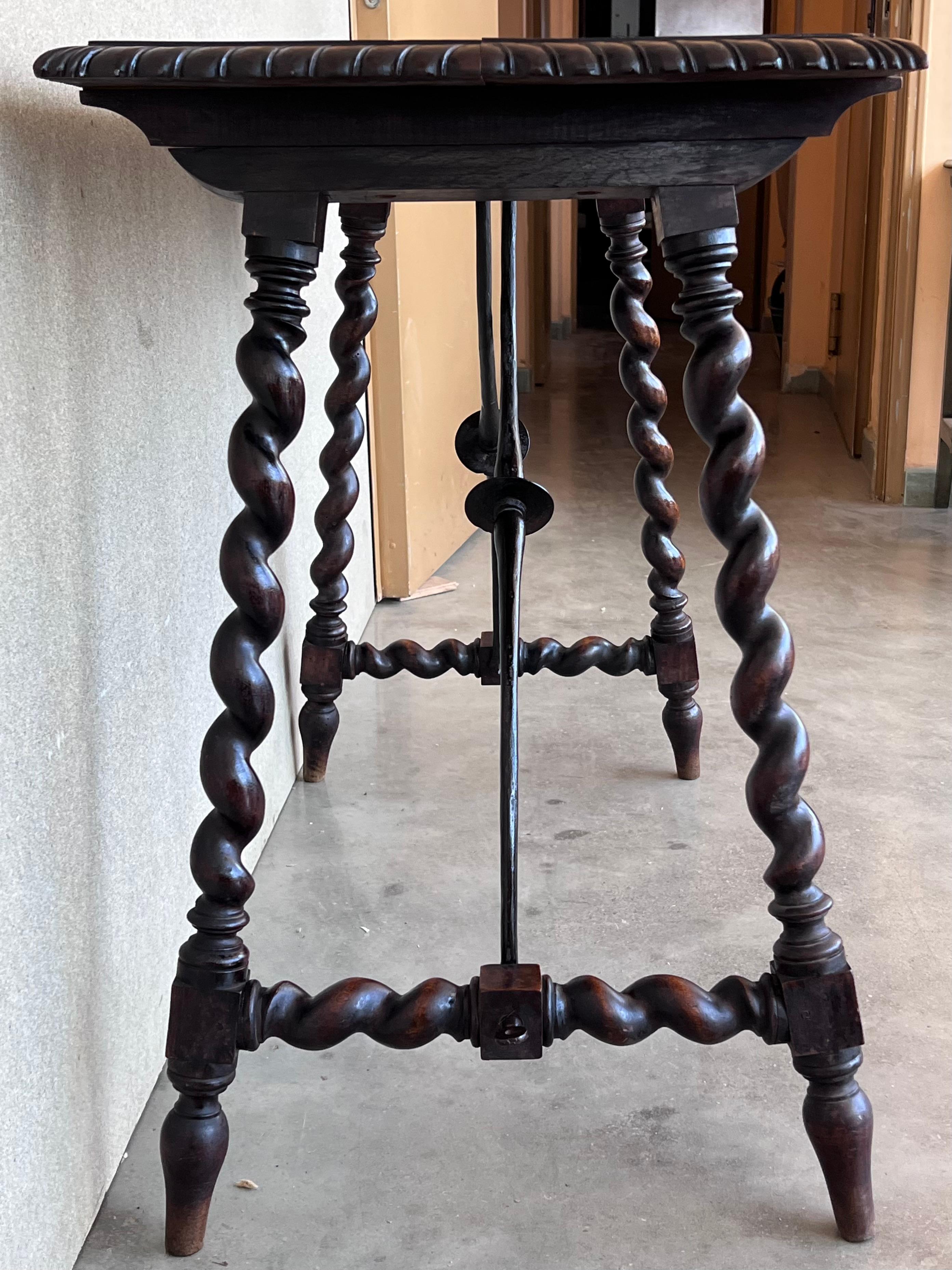19th Spanish Side Table with Cared Turned Legs and Iron Stretcher 3