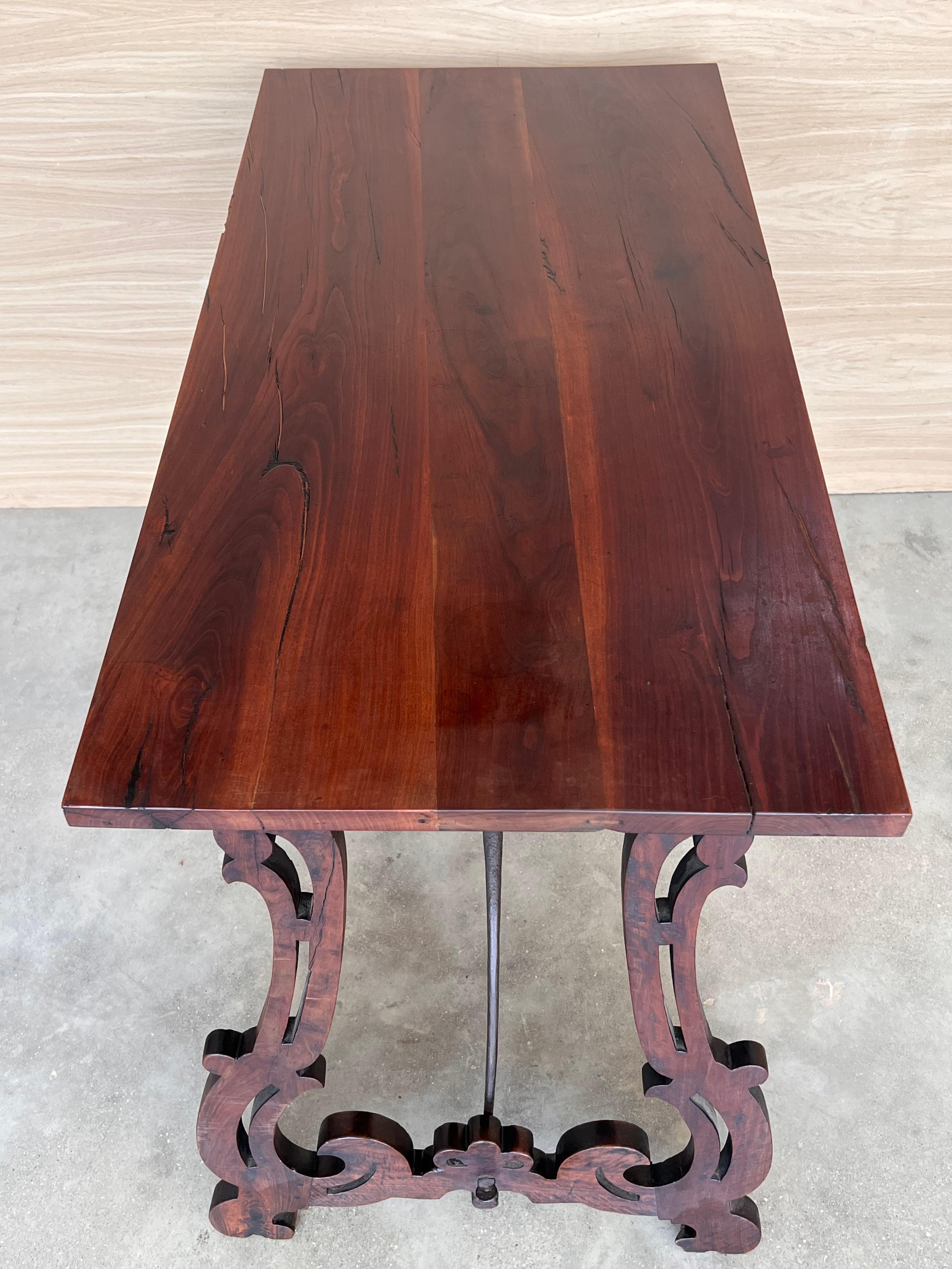 19th Spanish Side Table with Cared Turned Legs and Iron Stretcher 4