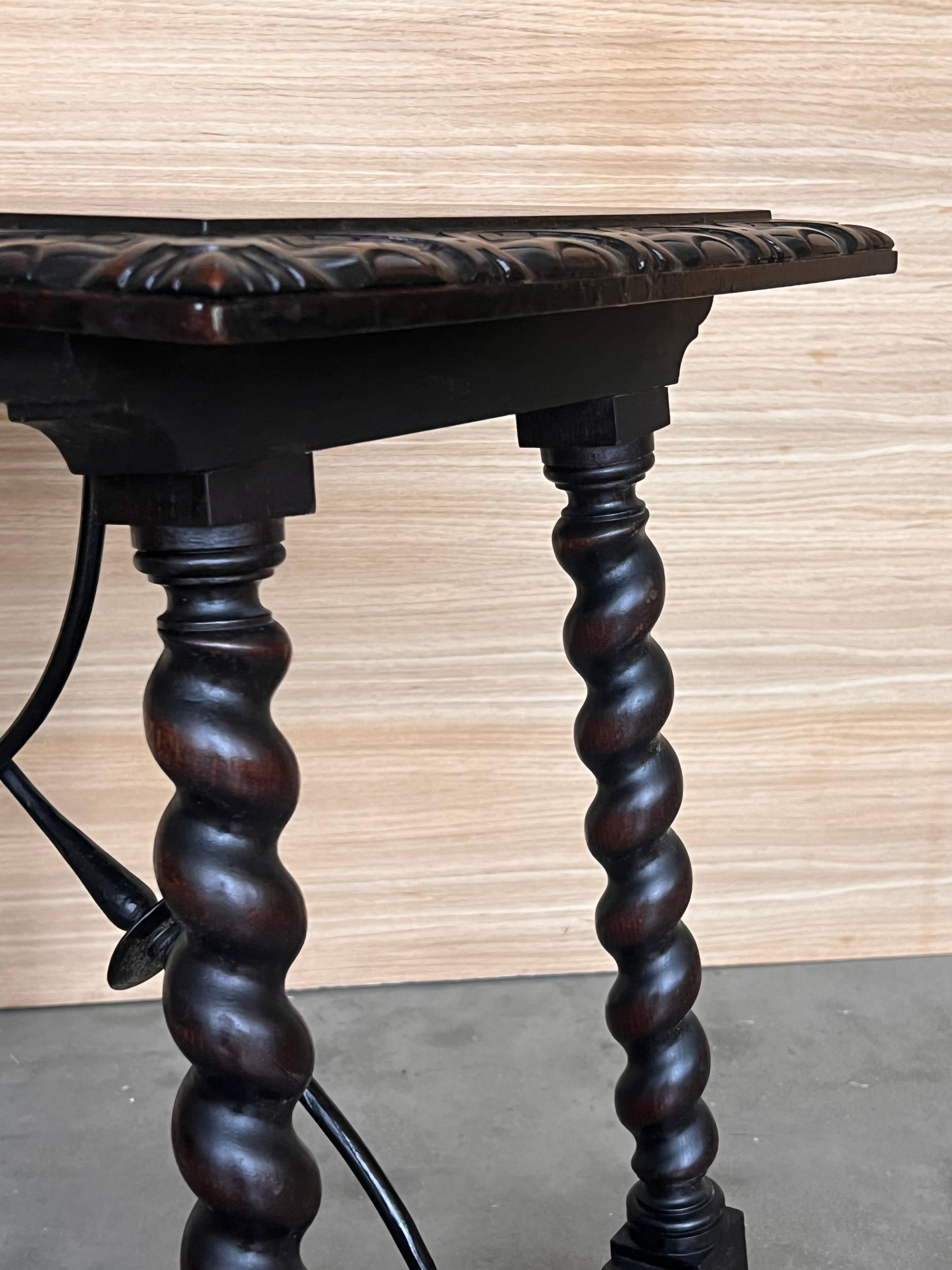 19th Spanish Side Table with Cared Turned Legs and Iron Stretcher For Sale 4