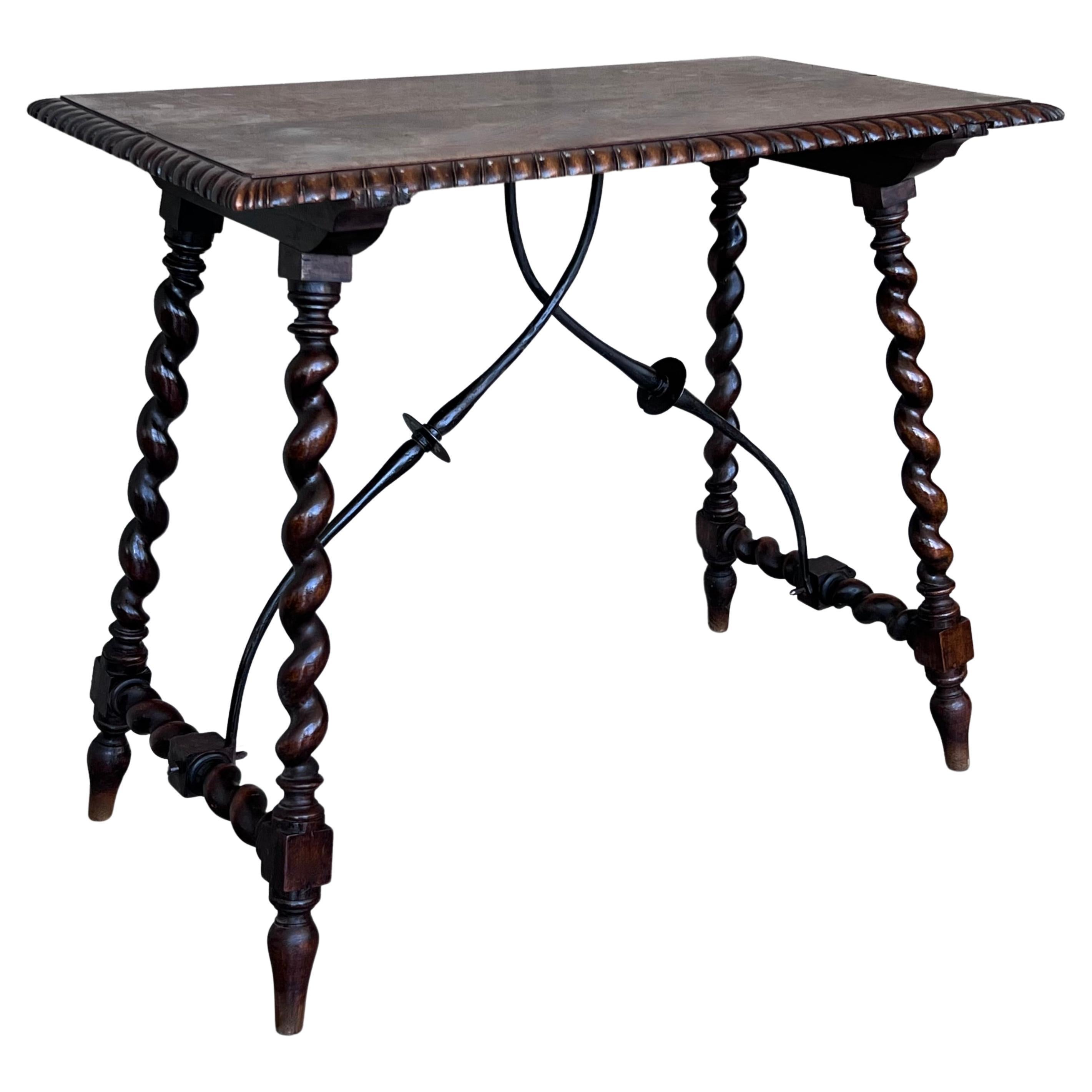 19th Spanish Side Table with Cared Turned Legs and Iron Stretcher