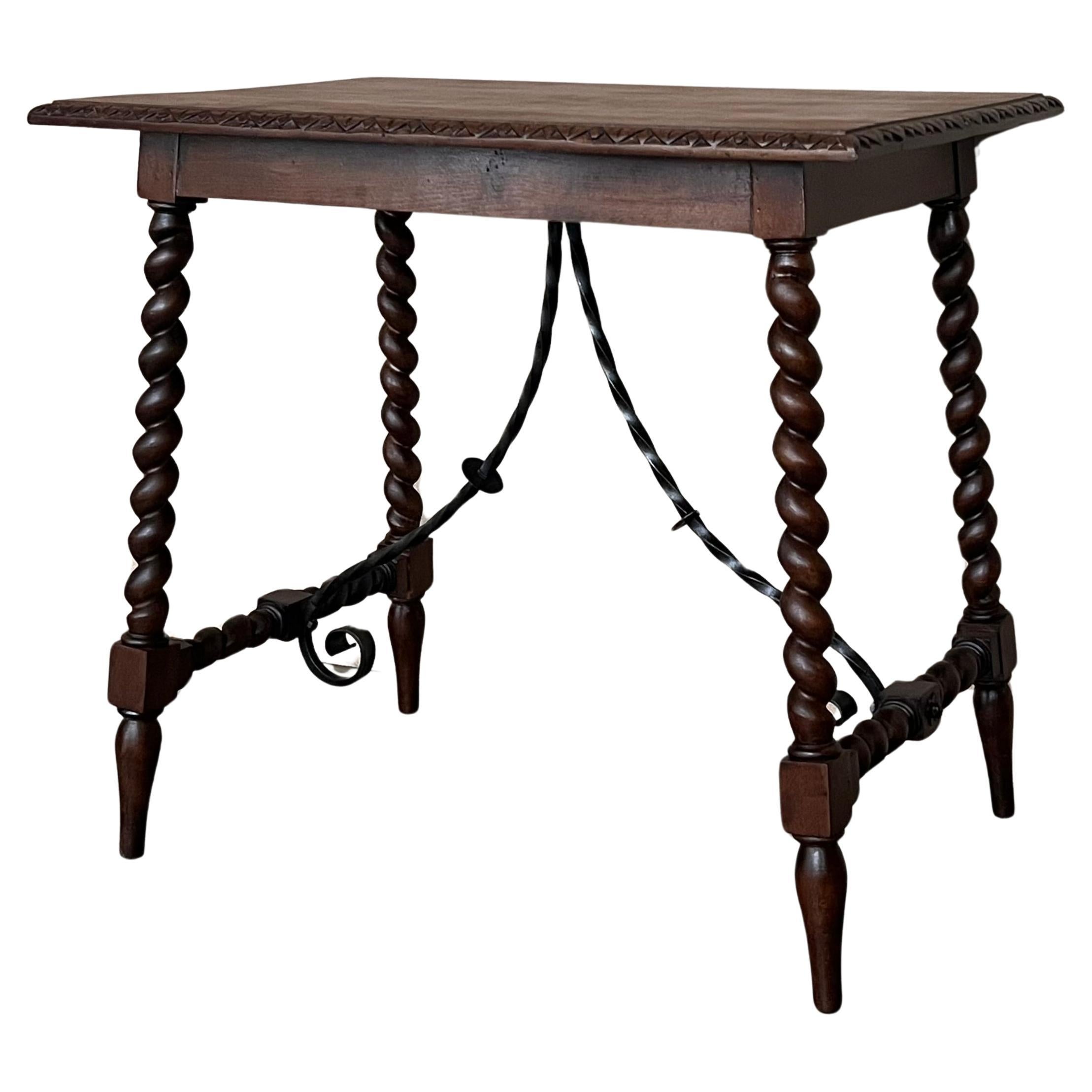 19th Spanish Side Table with Cared Turned Legs and Iron Stretcher For Sale