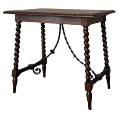 19th Spanish Side Table with Cared Turned Legs and Iron Stretcher
