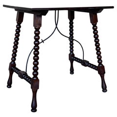 19th Spanish Side Table with Cared Turned Legs and Iron Stretcher