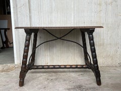 19th Spanish Side Table with Cared Turned Legs and Wood Stretcher
