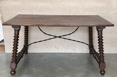 19th Spanish Writing or Center Table with Carved Turned Legs and Wood Stretcher