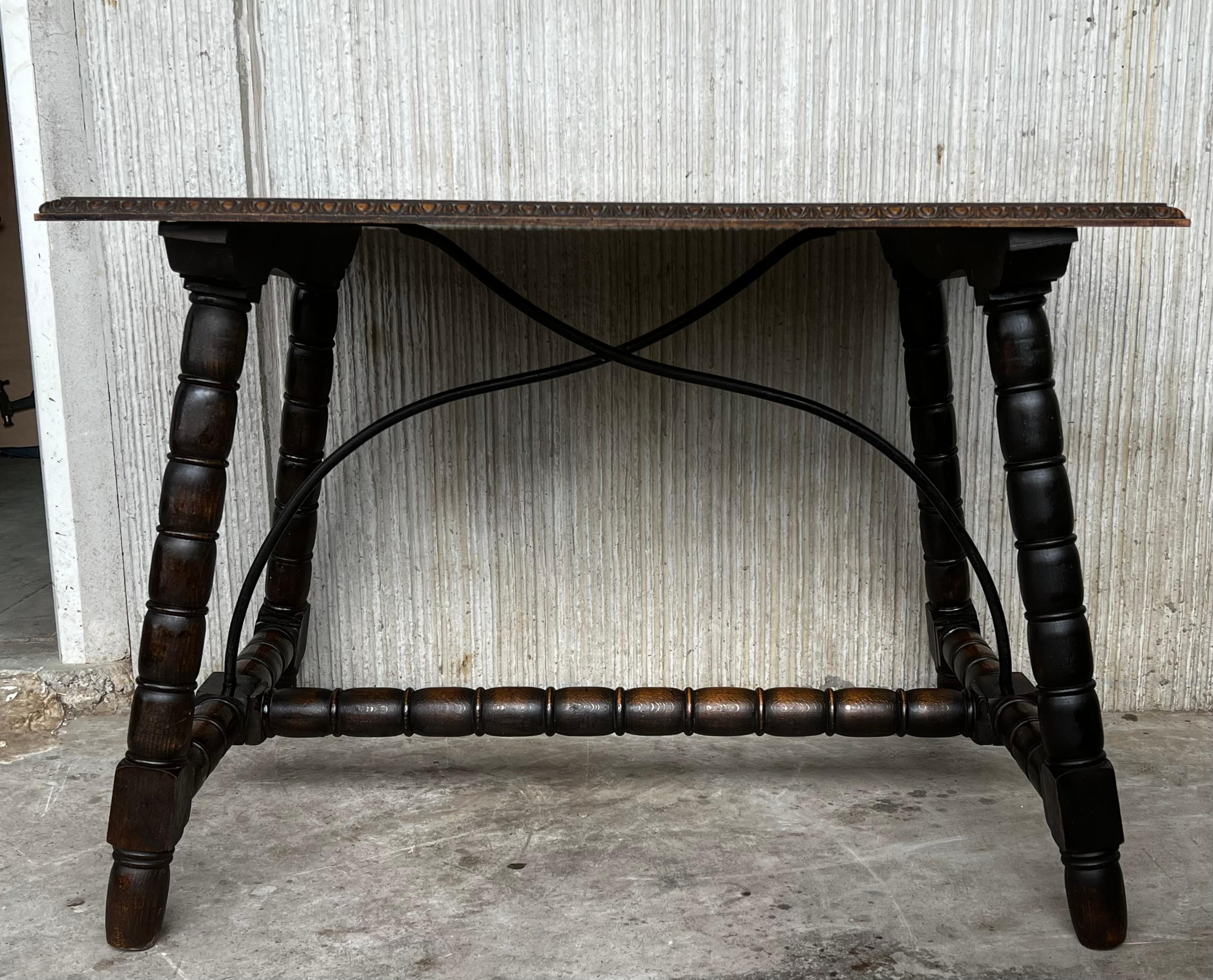 19th Century 19th Spanish Side Table with Cared Turned Legs and Wood Stretcher For Sale