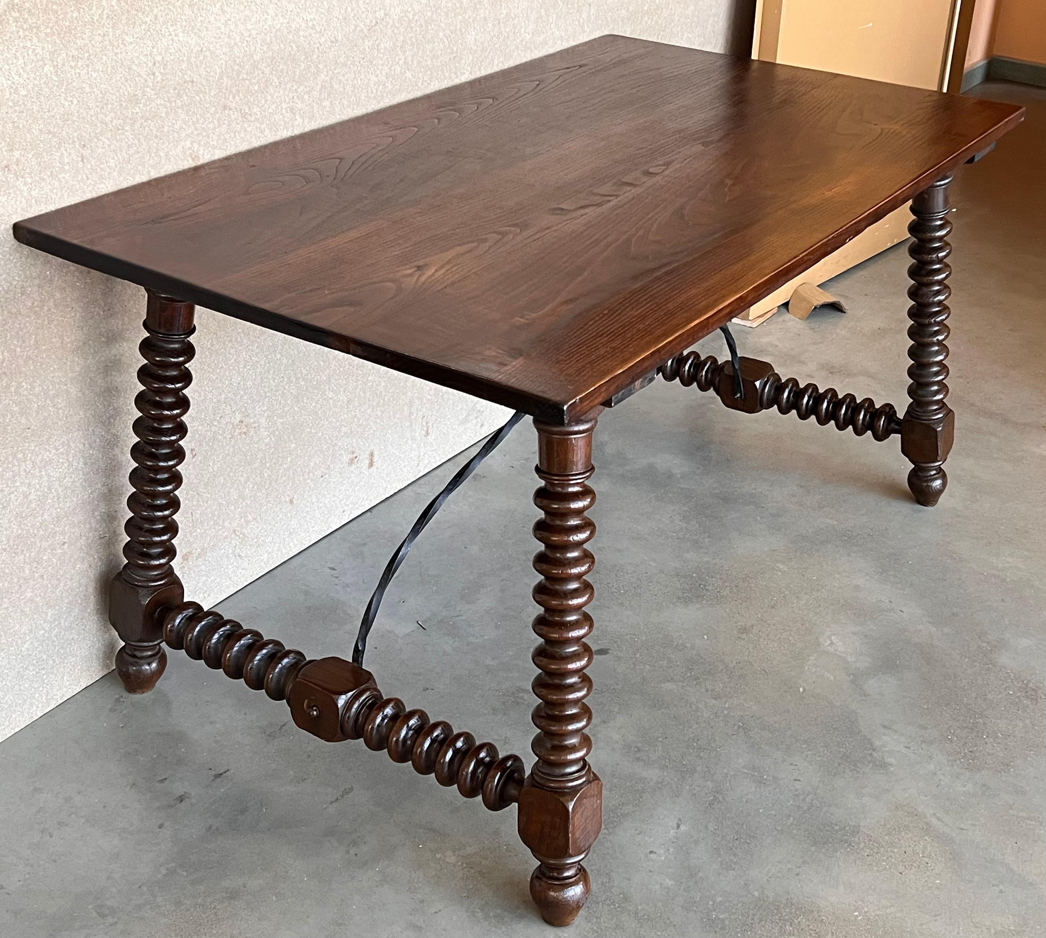 19th Century 19th Spanish Writing or Center Table with Carved Turned Legs and Wood Stretcher