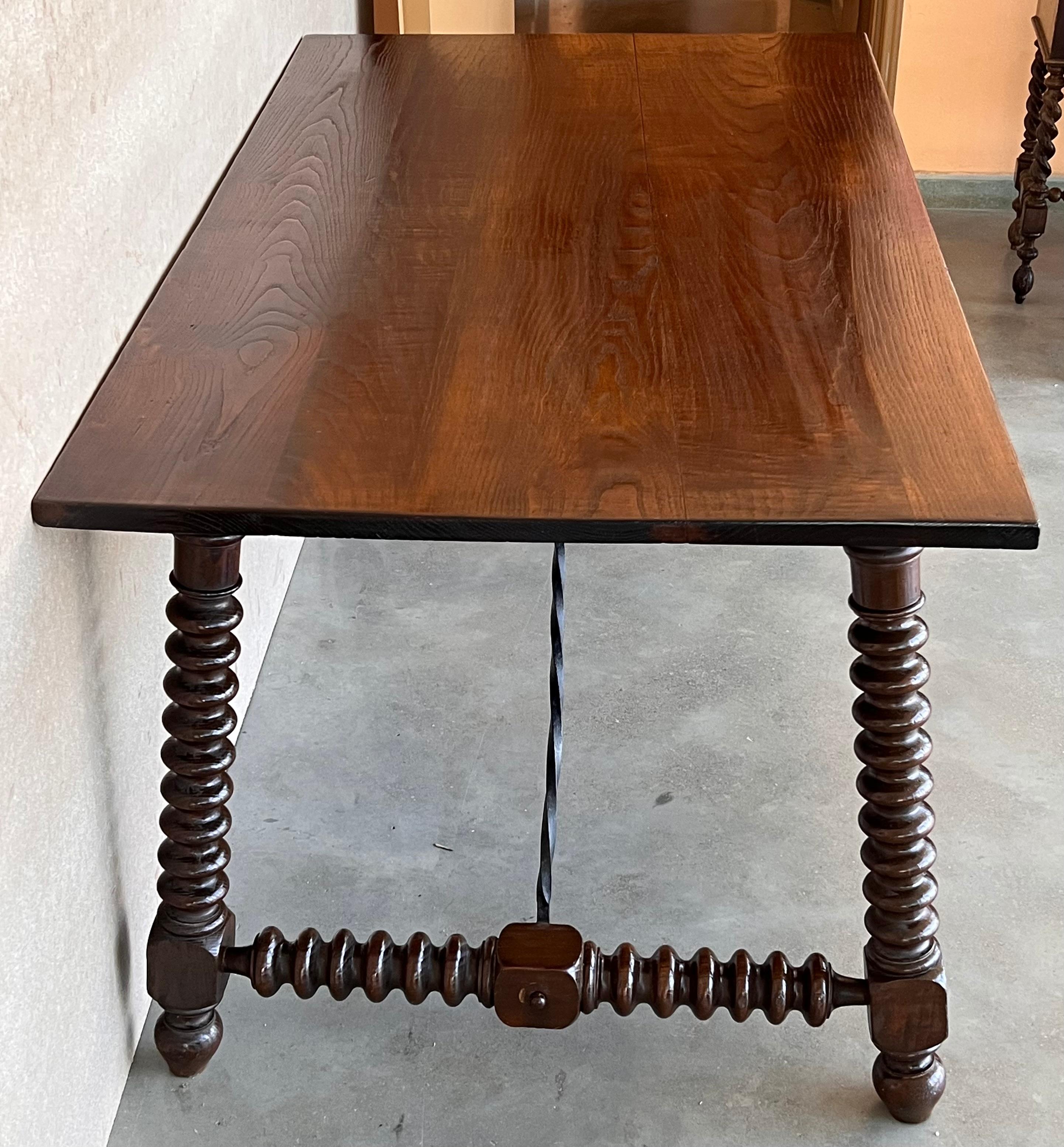 Walnut 19th Spanish Writing or Center Table with Carved Turned Legs and Wood Stretcher