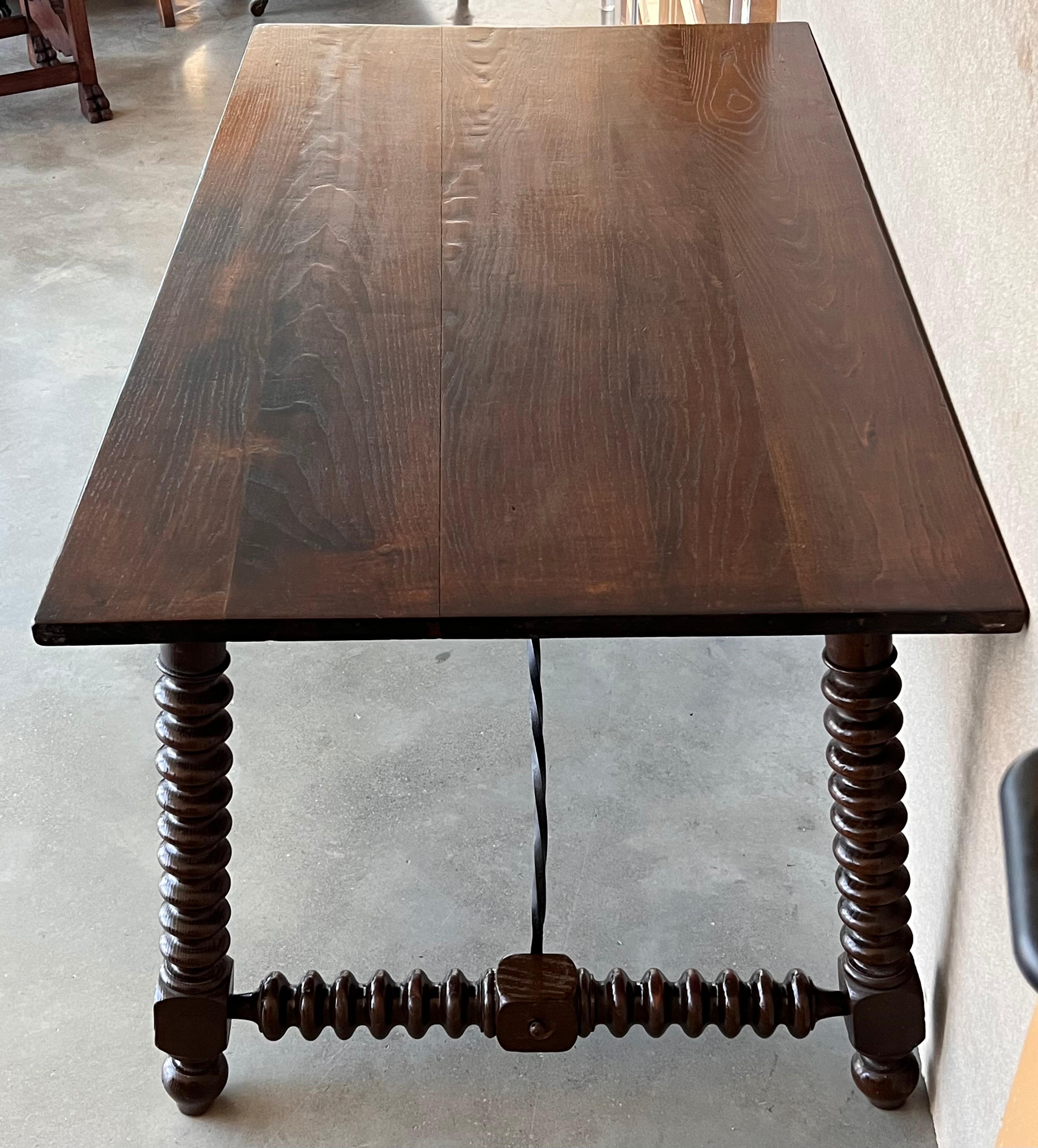 19th Spanish Writing or Center Table with Carved Turned Legs and Wood Stretcher 1