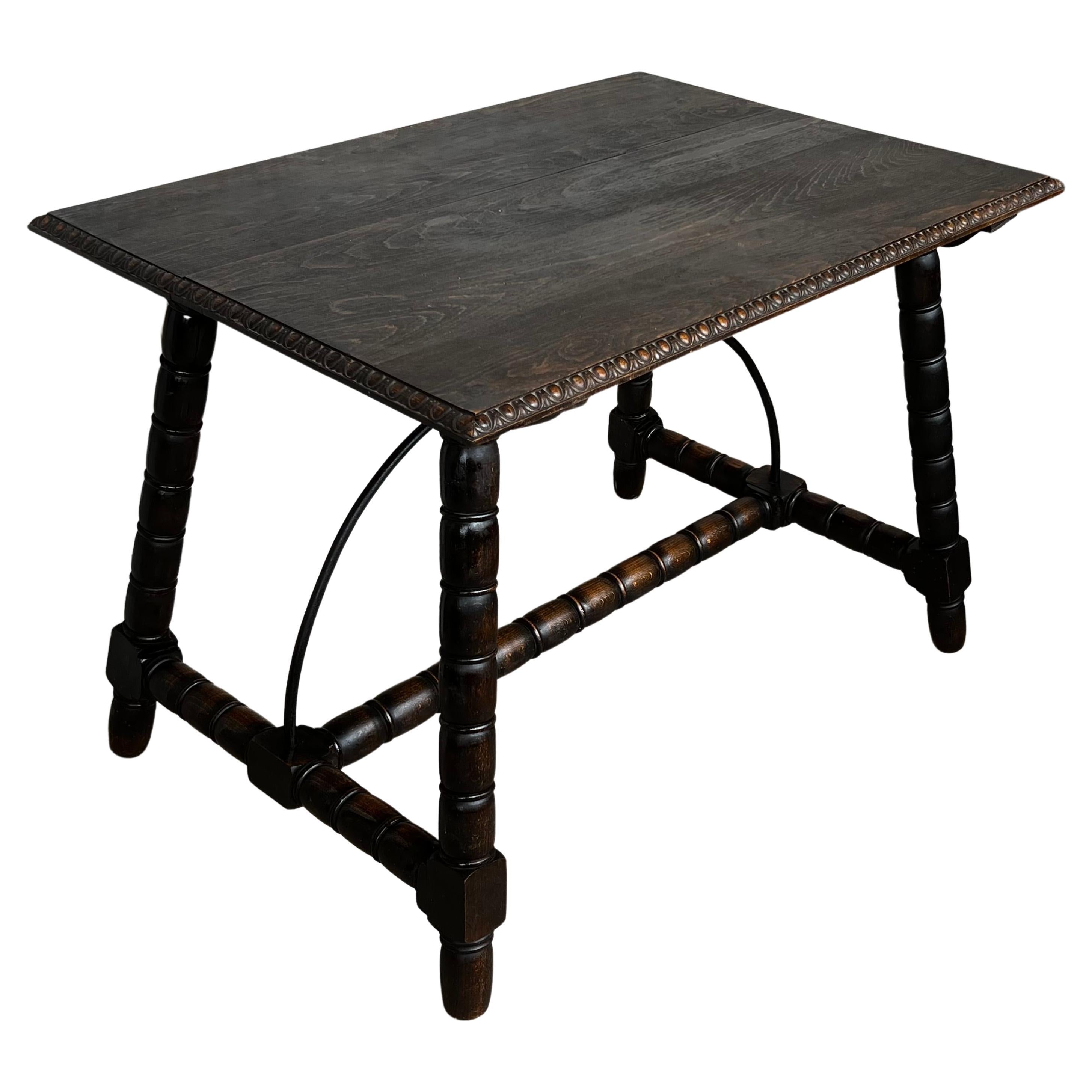 19th Spanish Side Table with Cared Turned Legs and Wood Stretcher
