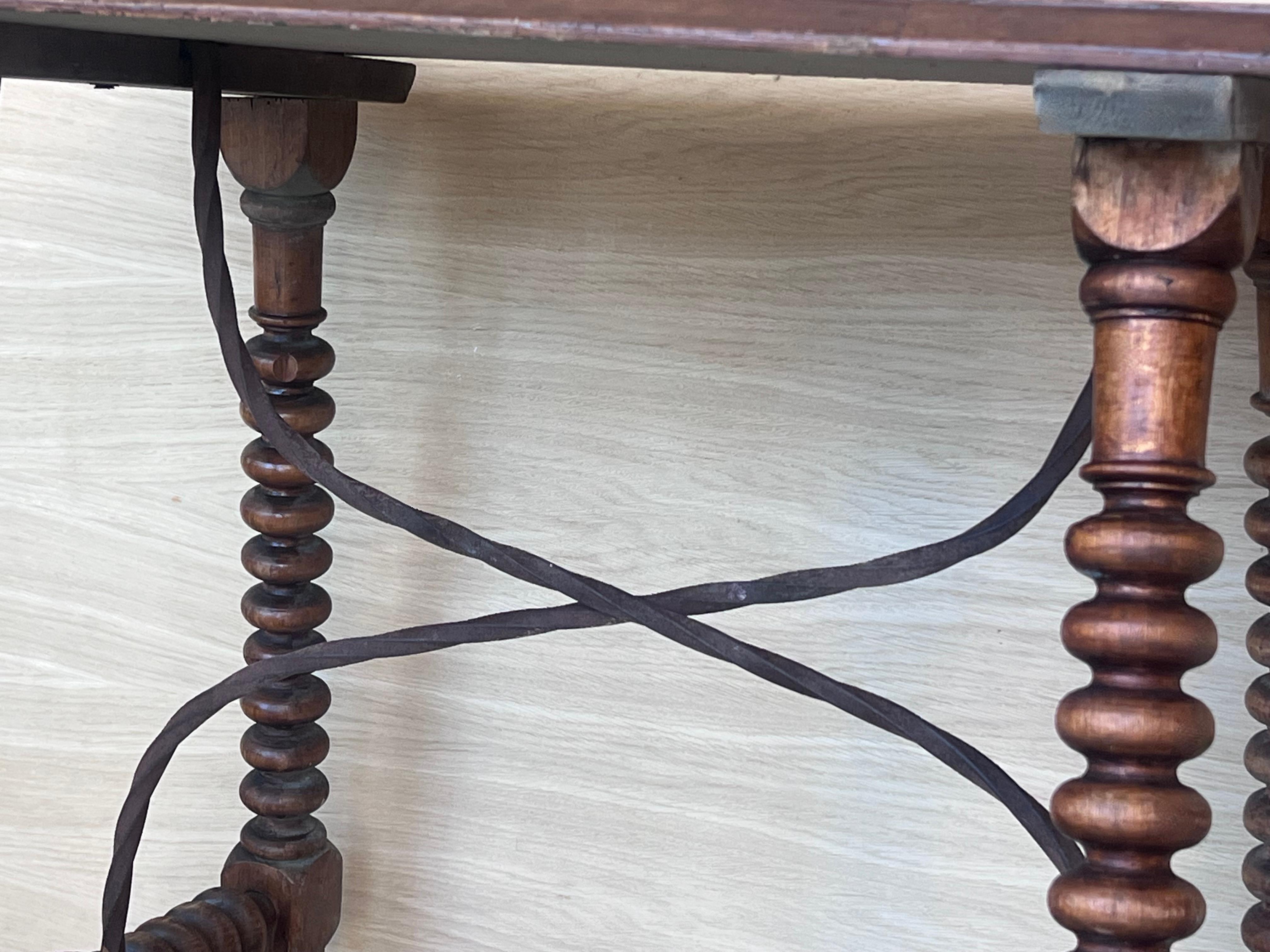 19th Spanish Side Table with Carved Lentil Legs and Iron Stretcher 5