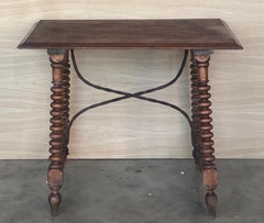 19th Spanish Side Table with Carved Lentil Legs and Iron Stretcher