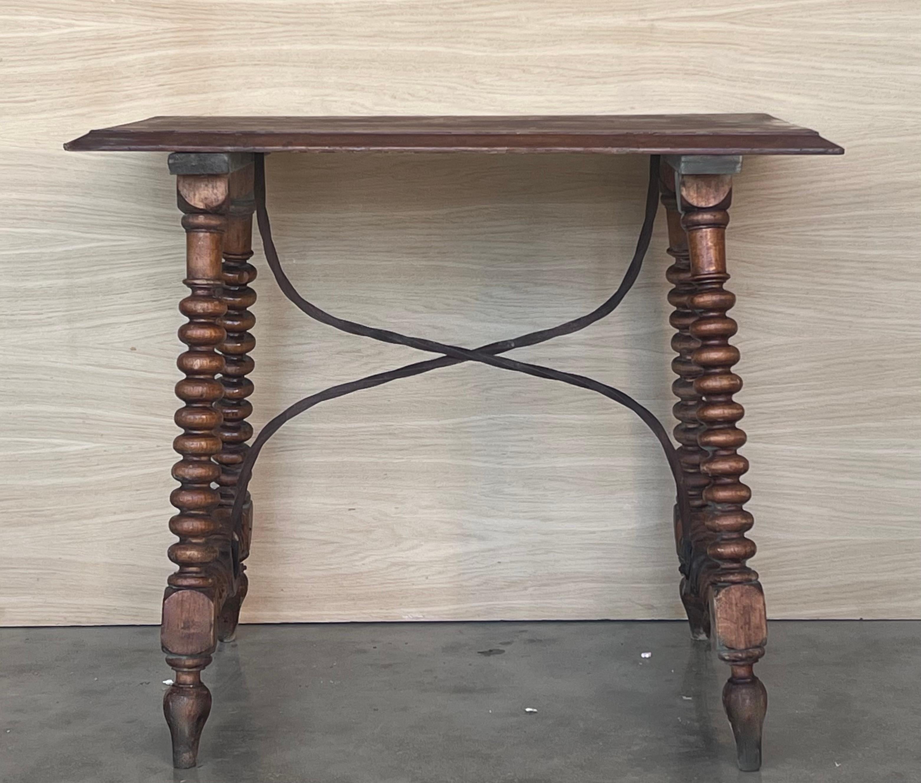 Baroque 19th Spanish Side Table with Carved Lentil Legs and Iron Stretcher