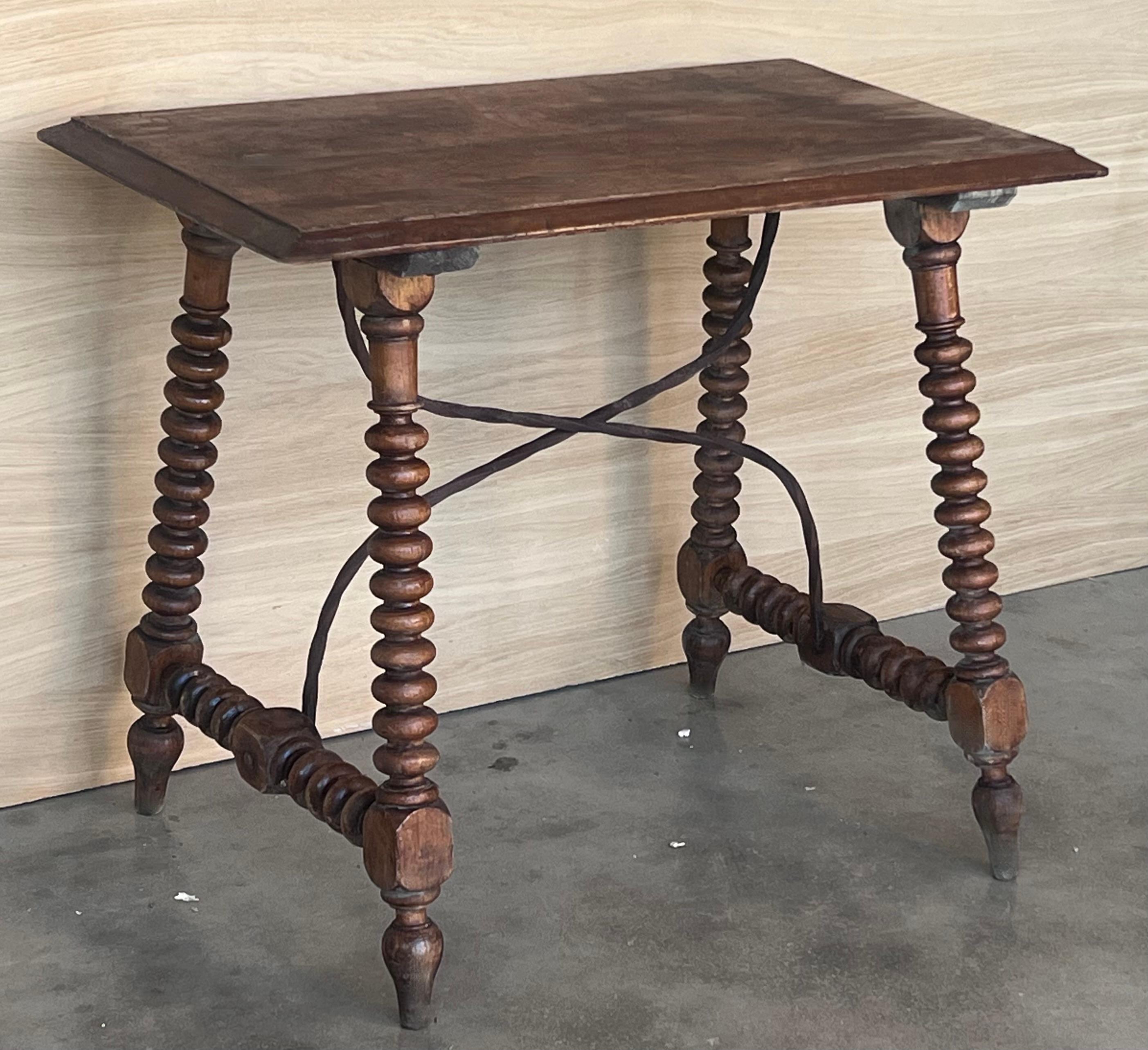 19th Spanish Side Table with Carved Lentil Legs and Iron Stretcher In Good Condition In Miami, FL