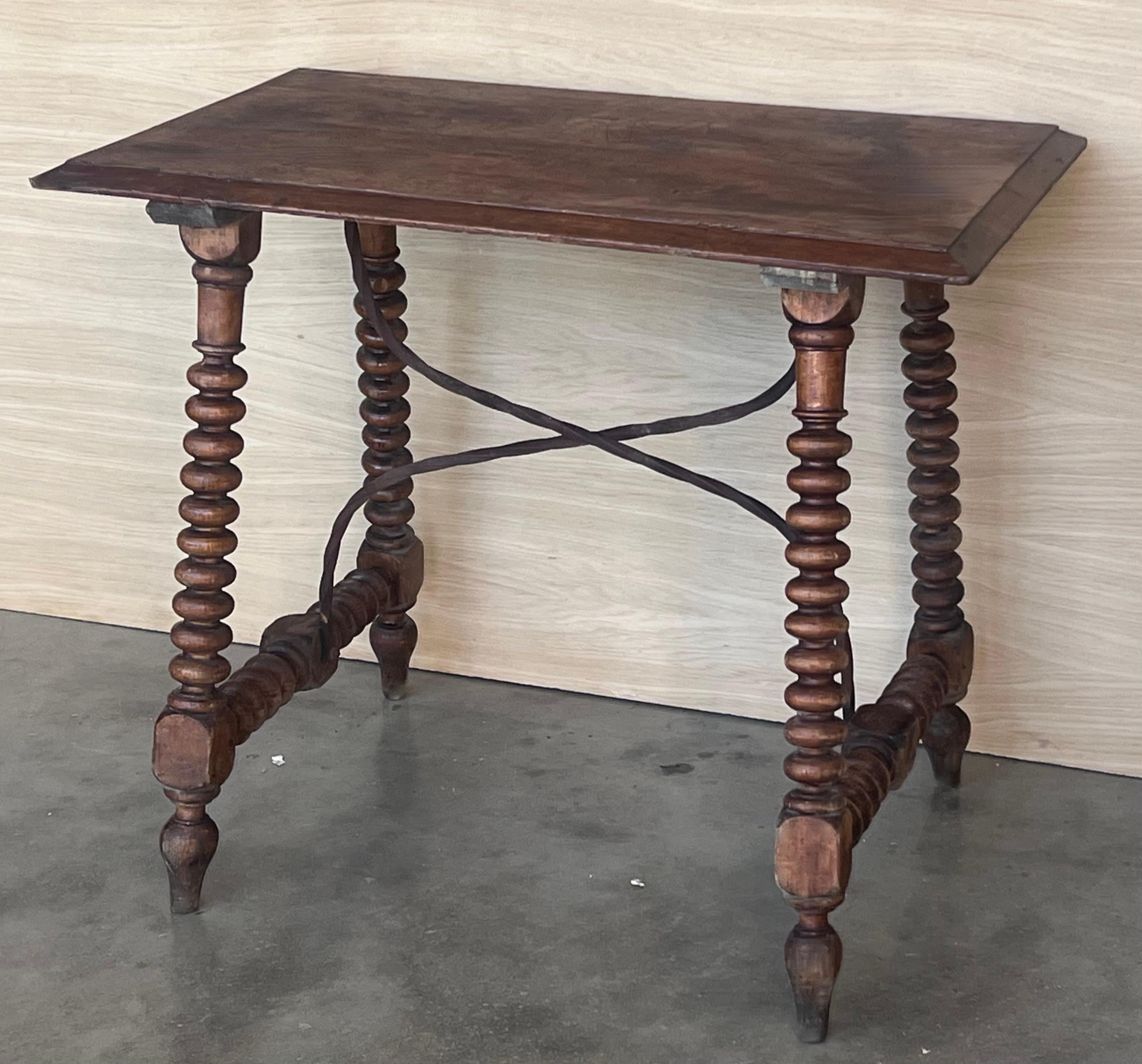 19th Century 19th Spanish Side Table with Carved Lentil Legs and Iron Stretcher