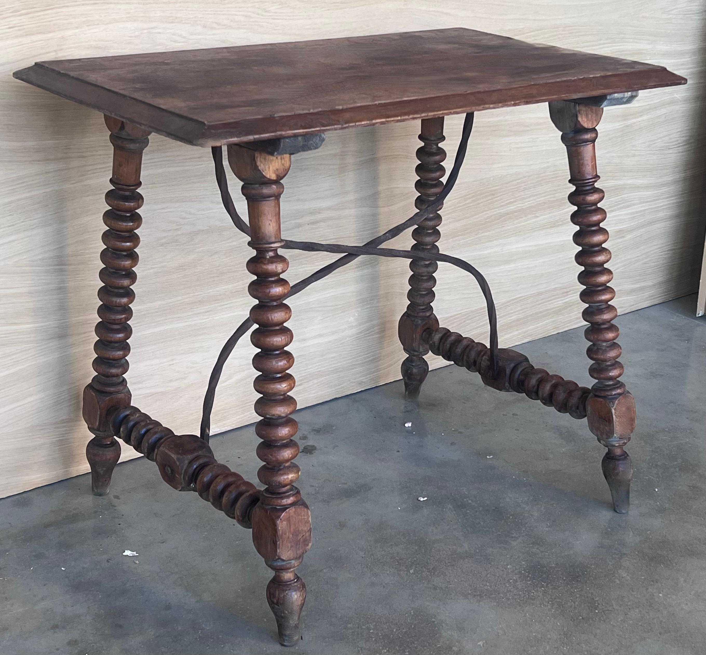 19th Spanish Side Table with Carved Lentil Legs and Iron Stretcher 2
