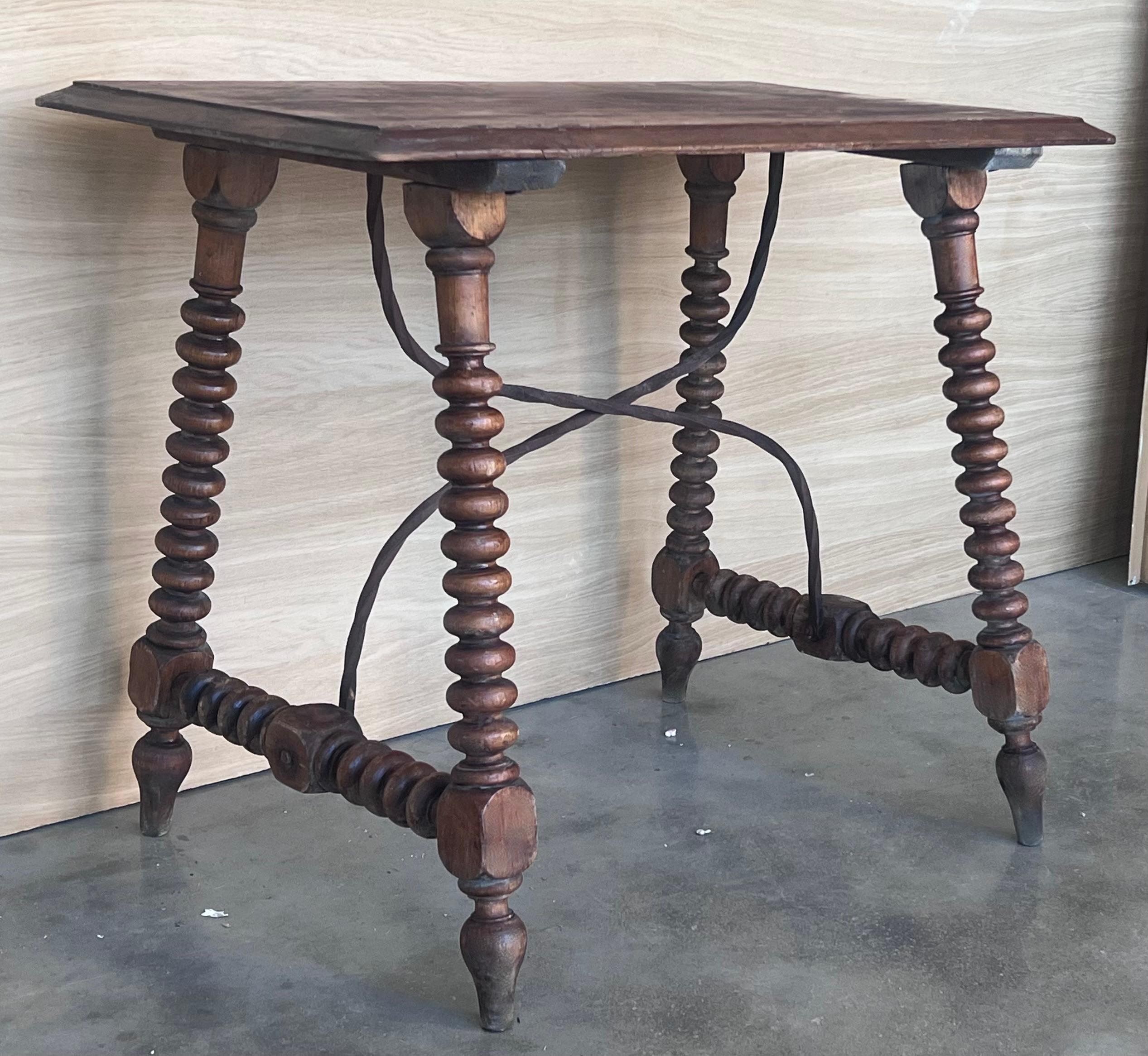 19th Spanish Side Table with Carved Lentil Legs and Iron Stretcher 3