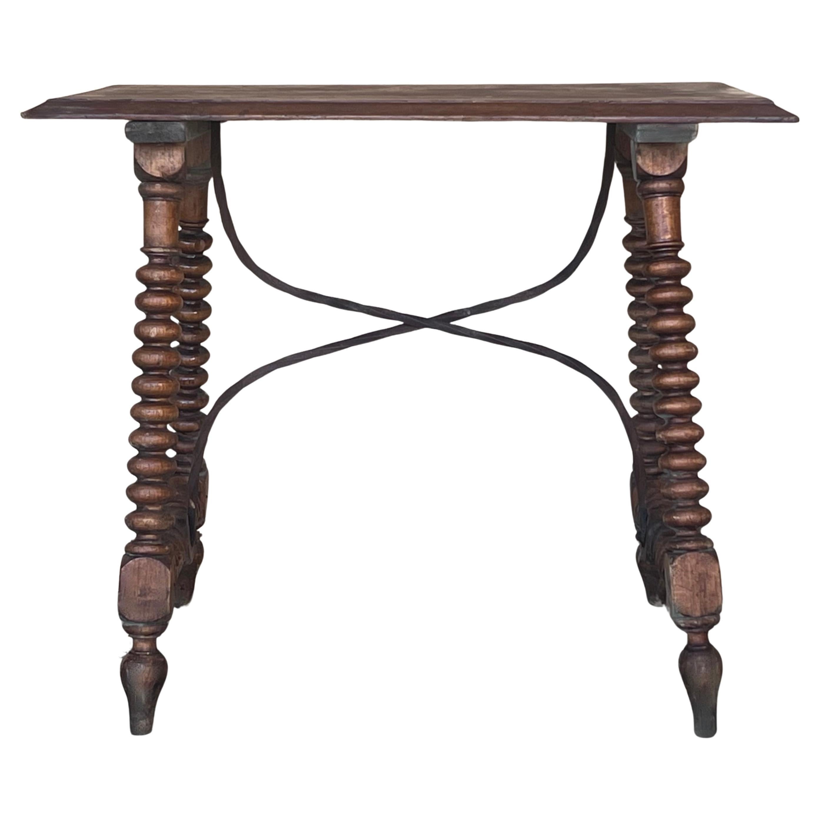 19th Spanish Side Table with Carved Lentil Legs and Iron Stretcher