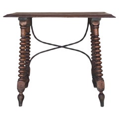 19th Spanish Side Table with Carved Lentil Legs and Iron Stretcher