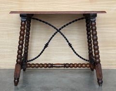 19th Spanish Sturdy Side Table with Carved Turned Legs and Double Stretcher