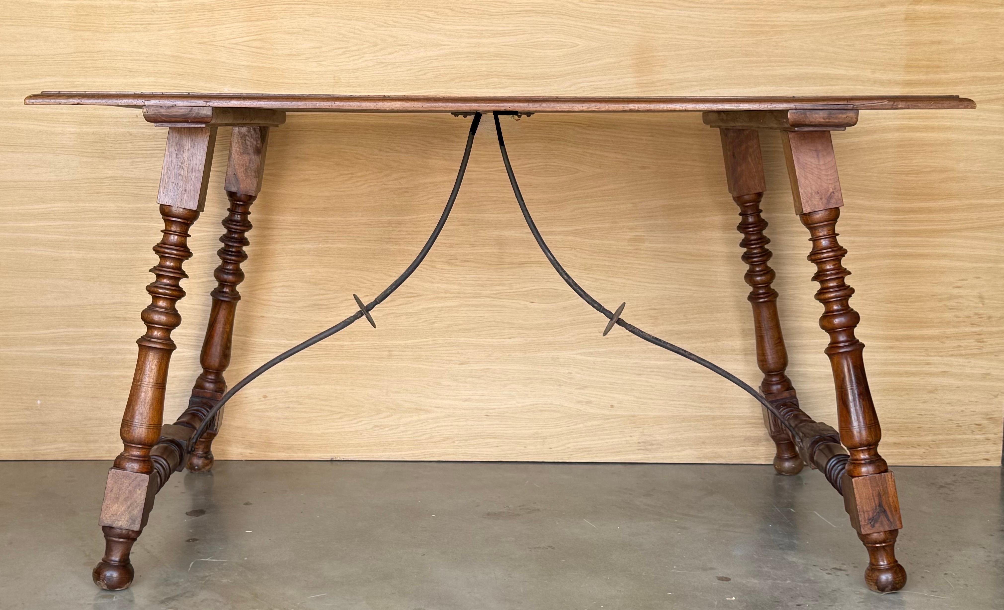 Baroque 19th Spanish Sturdy Side Table with Carved Turned Legs and Double Stretcher For Sale