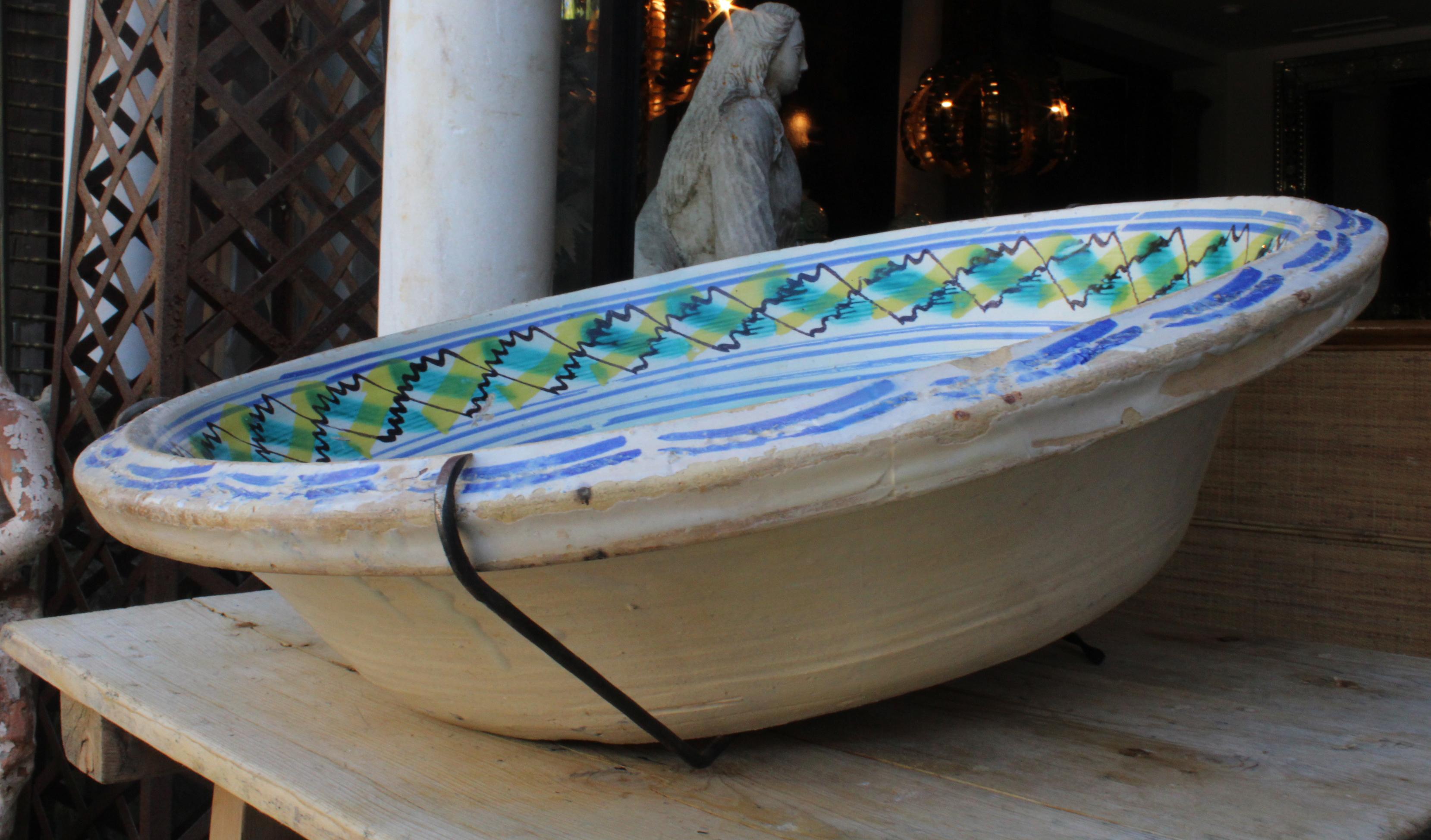 19th Spanish Triana White Green, Blue and Yellow Glazed Terracotta Lebrillo 4