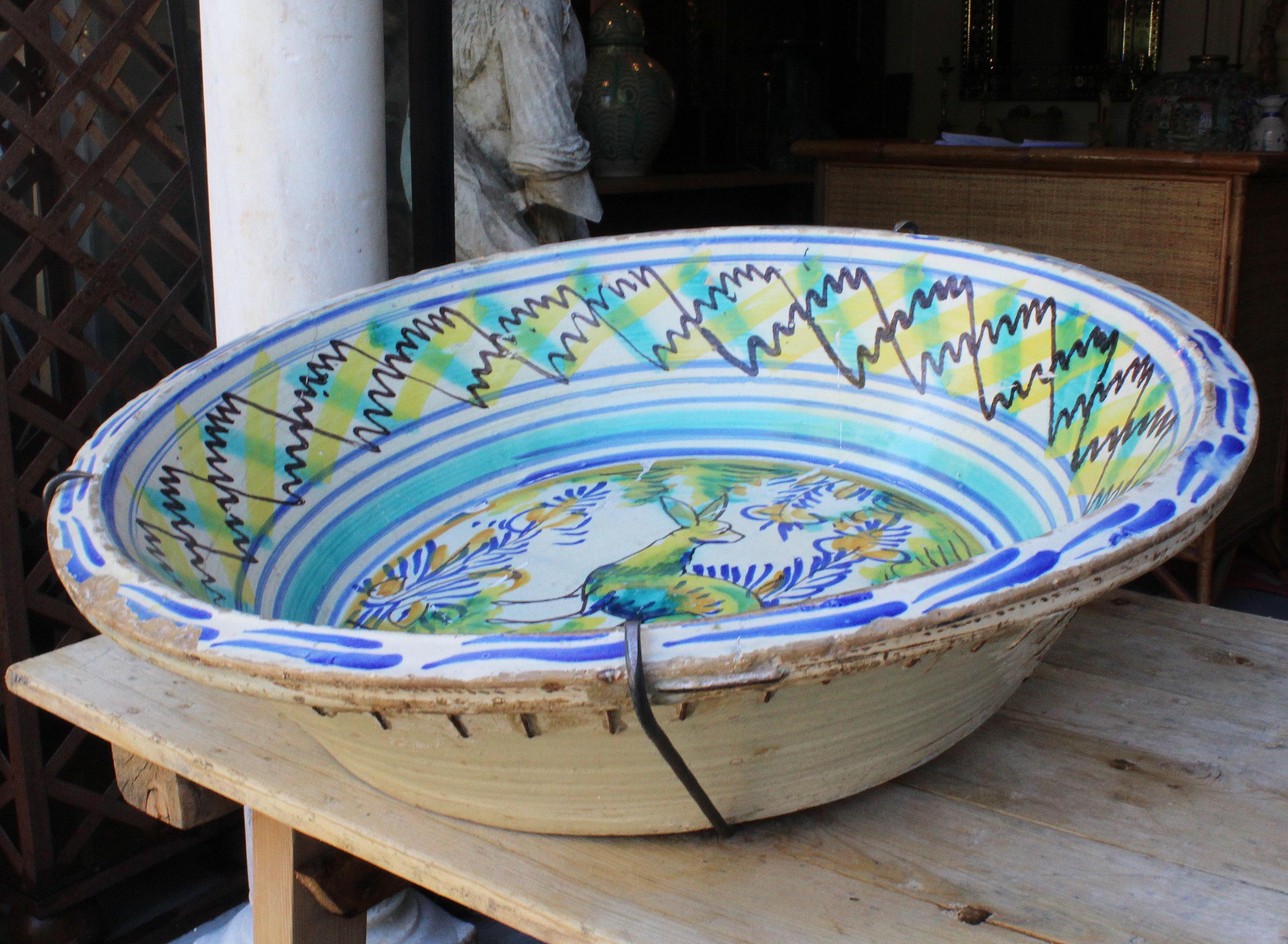 Hand-Painted 19th Spanish Triana White, Green, Blue and Yellow Glazed Terracotta Lebrillo