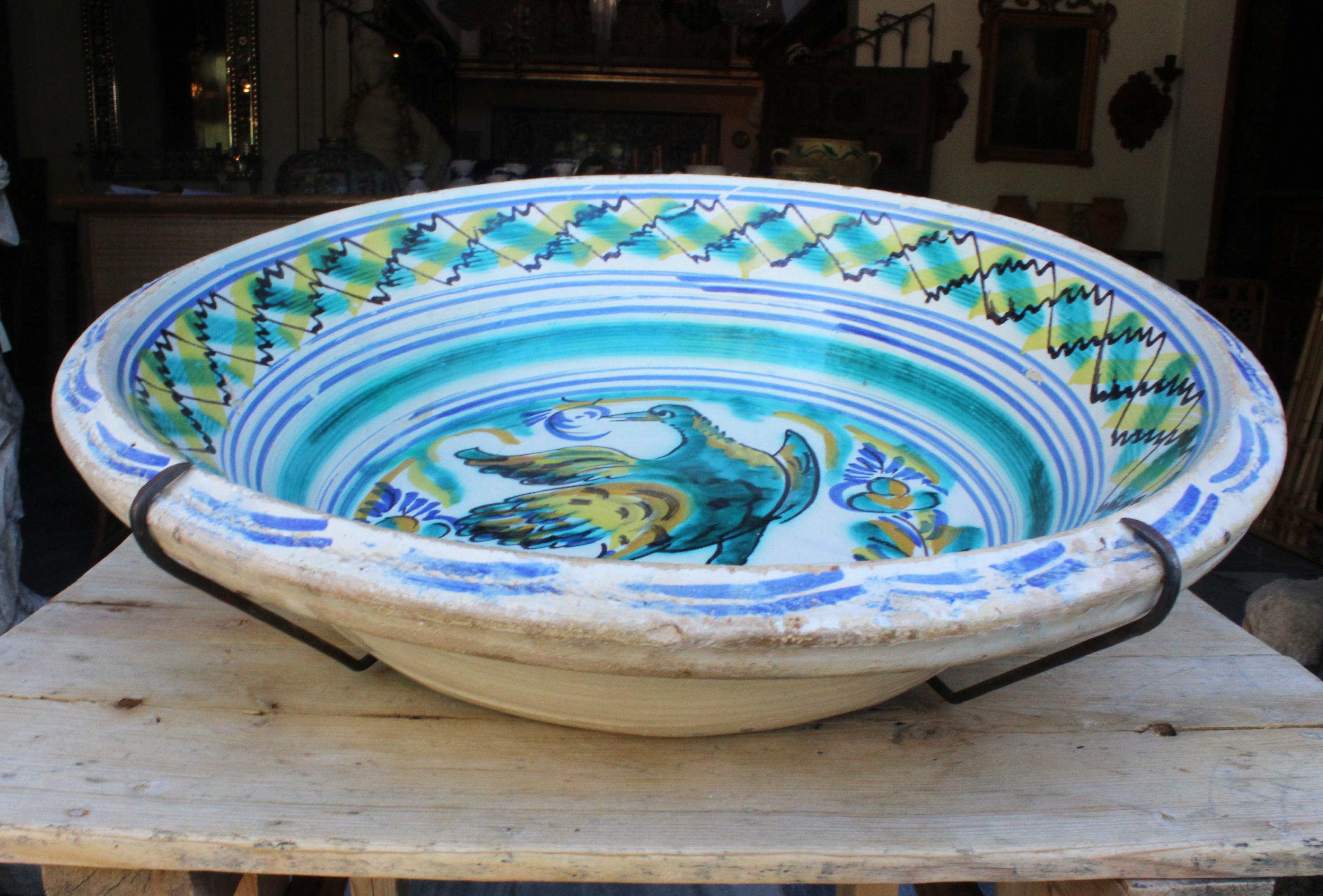 Hand-Painted 19th Spanish Triana White Green, Blue and Yellow Glazed Terracotta Lebrillo