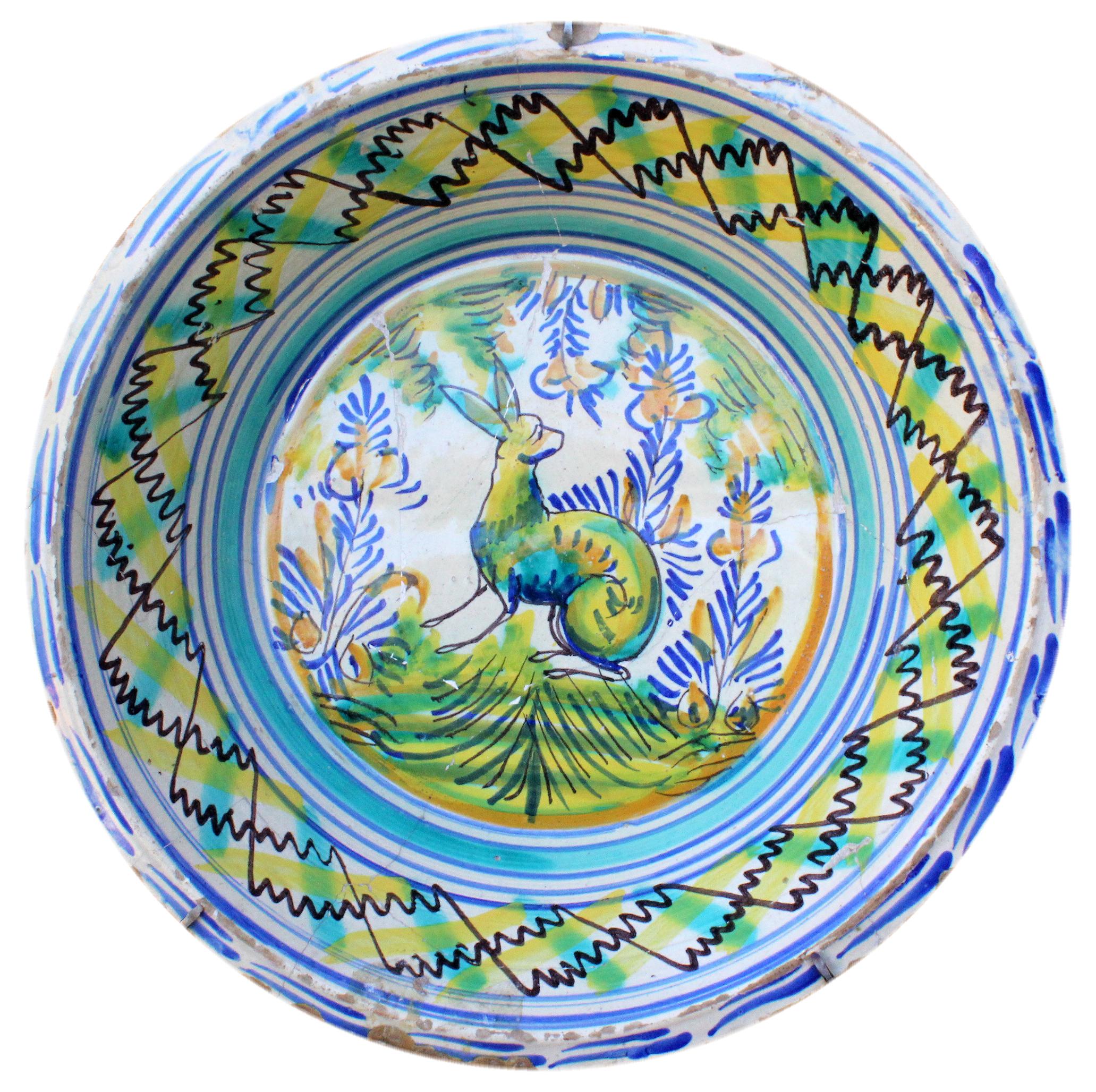 19th Spanish Triana White, Green, Blue and Yellow Glazed Terracotta Lebrillo