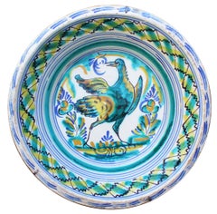 19th Spanish Triana White Green, Blue and Yellow Glazed Terracotta Lebrillo