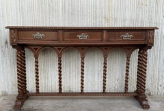 Spanish Tuscan Console Table with Three Drawers and Solomonic Columns Legs