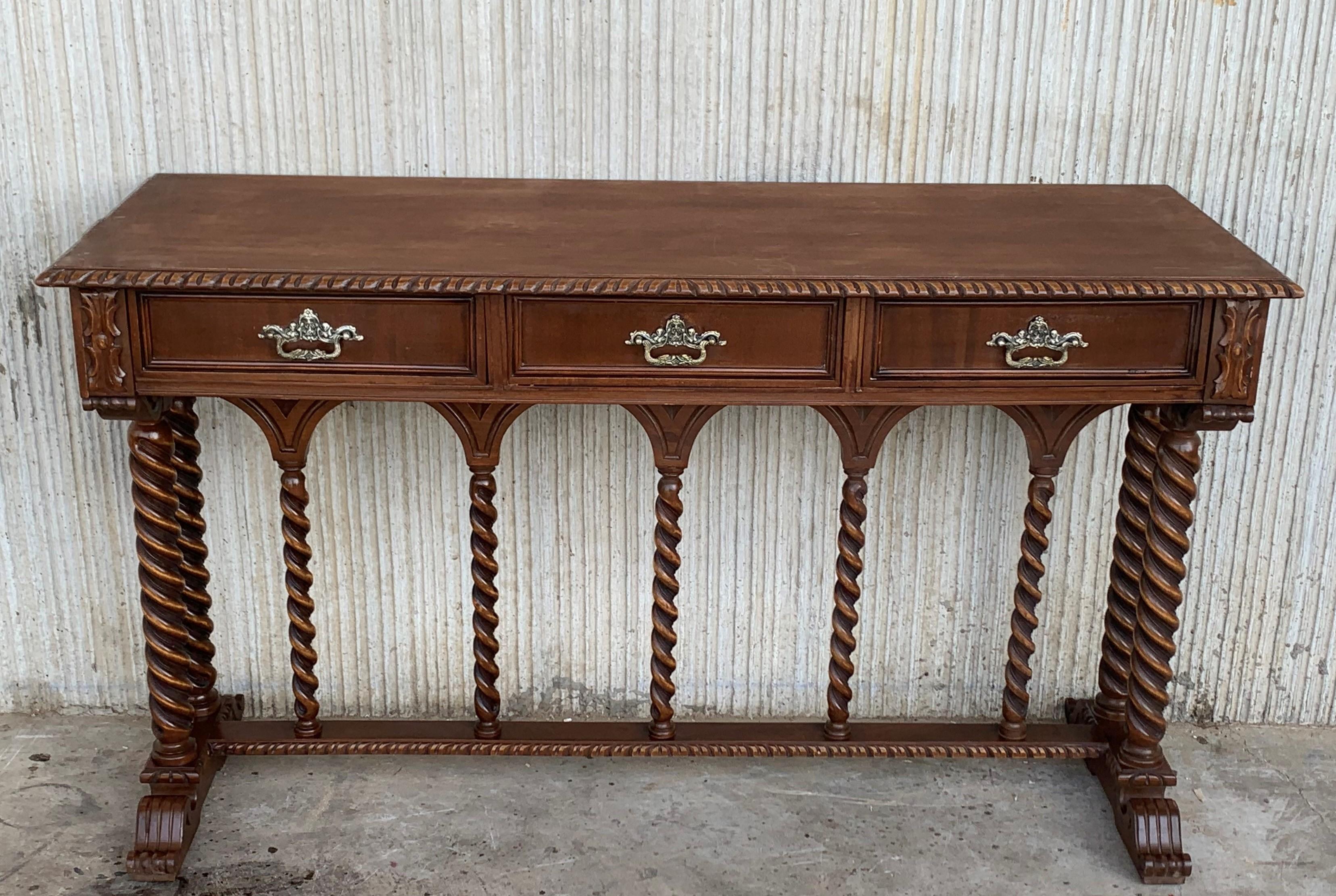 Baroque Spanish Tuscan Console Table with Three Drawers and Solomonic Columns Legs