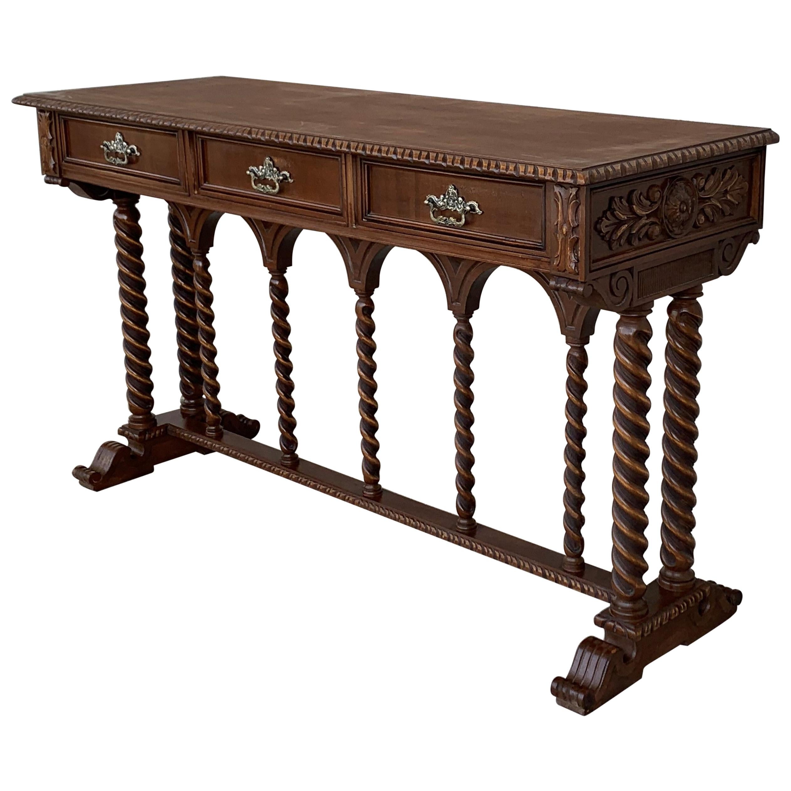 Spanish Tuscan Console Table with Three Drawers and Solomonic Columns Legs