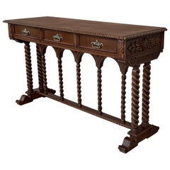 Spanish Tuscan Console Table with Three Drawers and Solomonic Columns Legs
