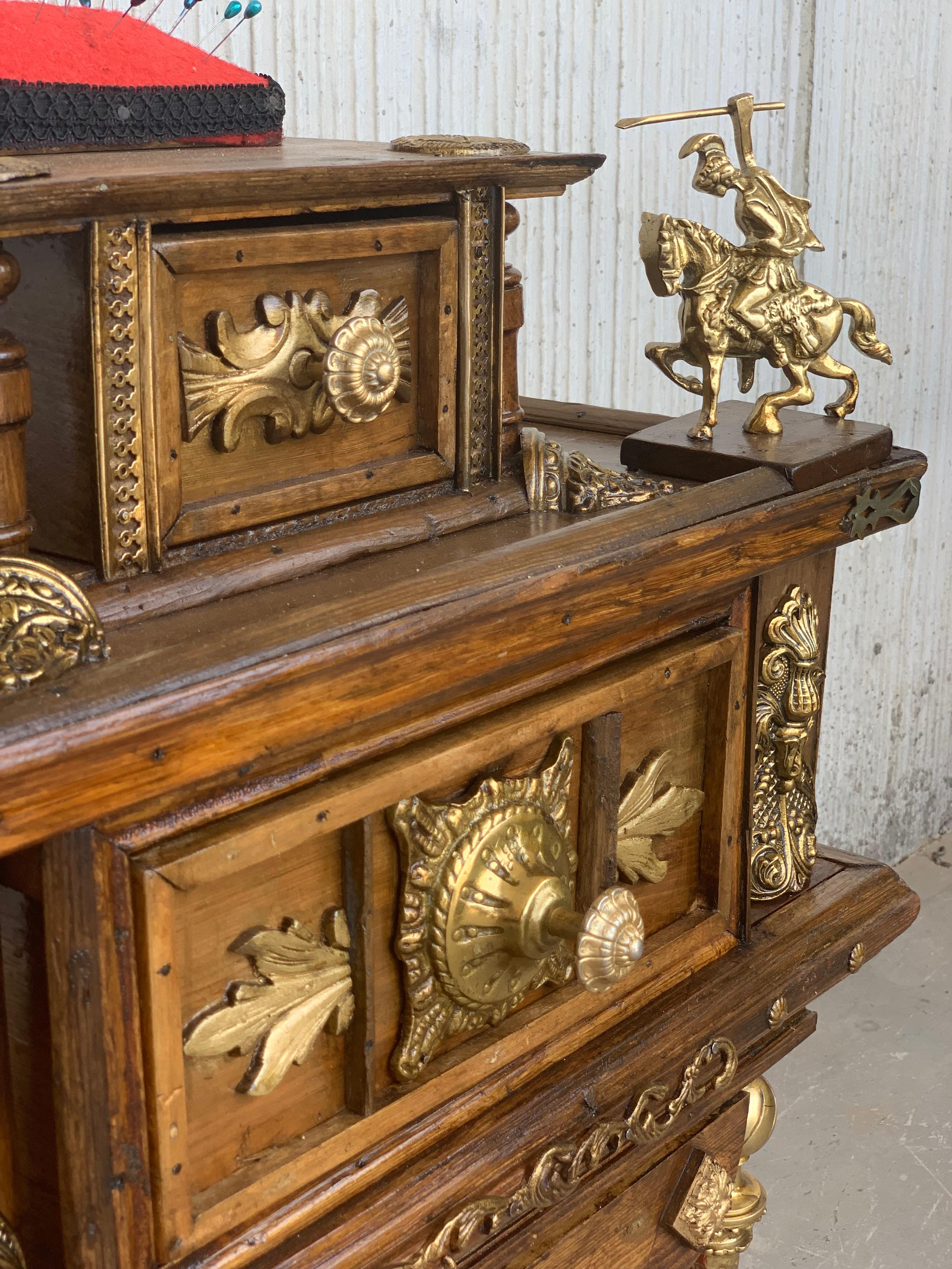 19th Century Spanish Victorian Carved Walnut and Bronze Reliefs Sewing Table For Sale 9
