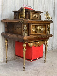 19th Century Spanish Victorian Carved Walnut and Bronze Reliefs Sewing Table
