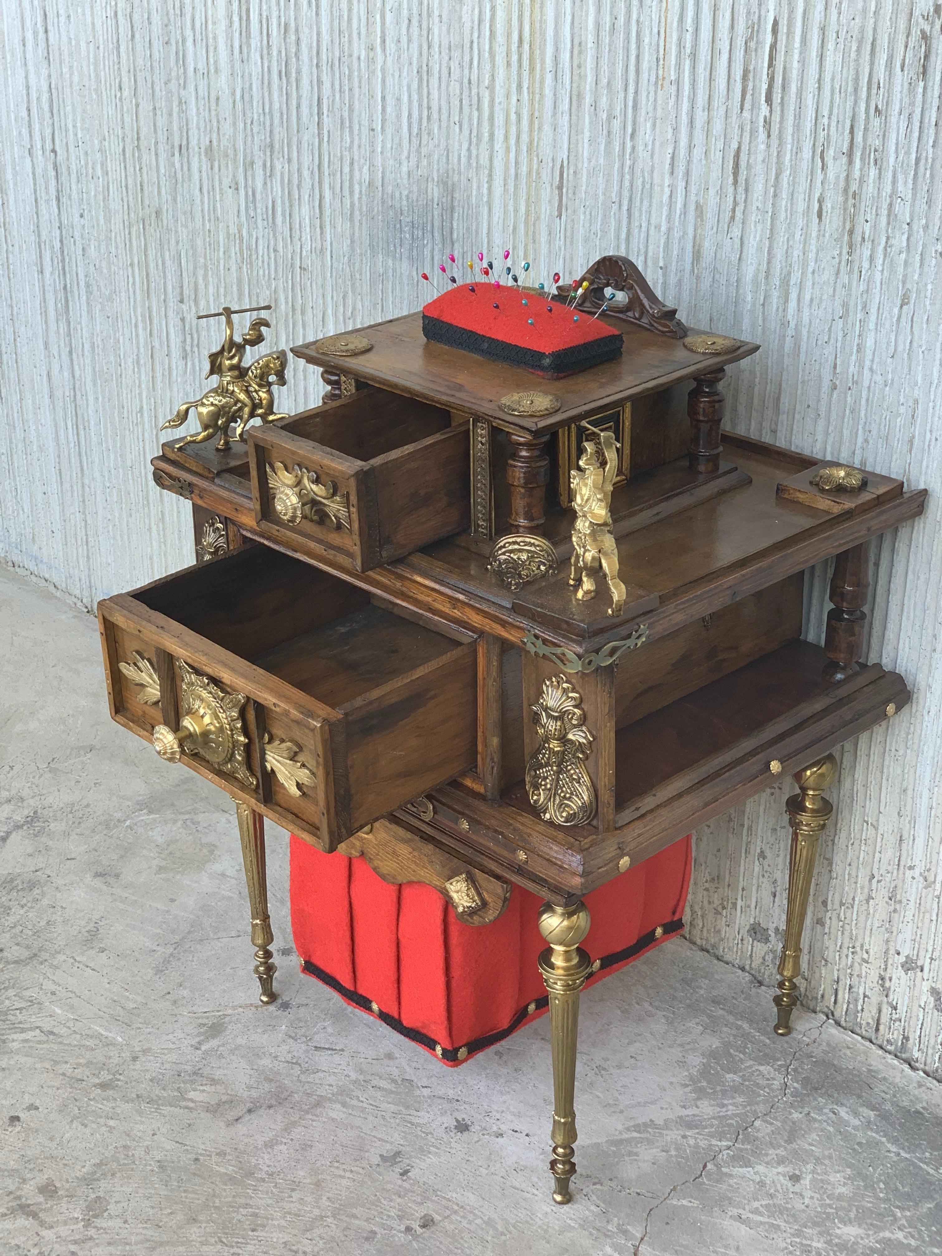 19th Century Spanish Victorian Carved Walnut and Bronze Reliefs Sewing Table For Sale 6