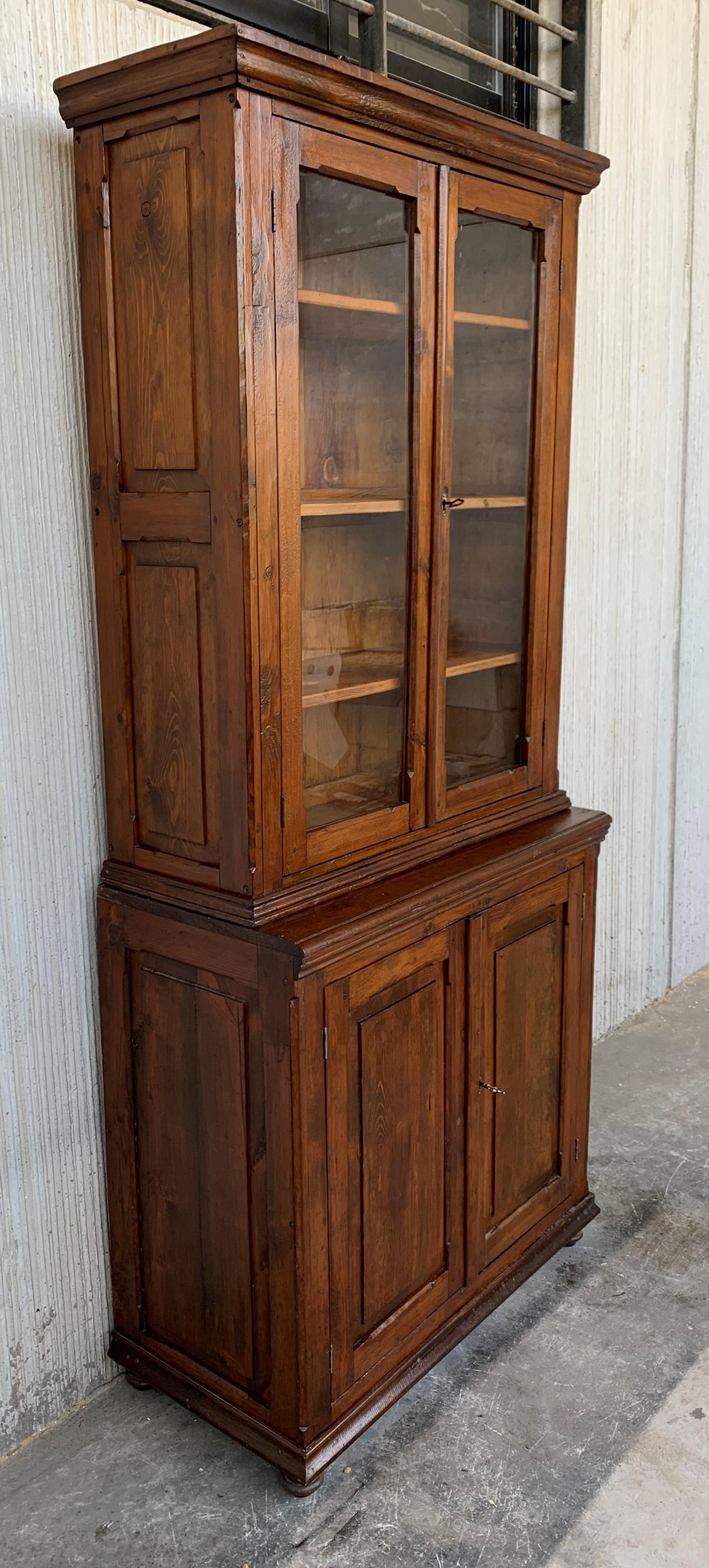 Spanish Colonial 19th Century Spanish Vitrine, Bookcase Tallboy Cabinet with Glass Doors